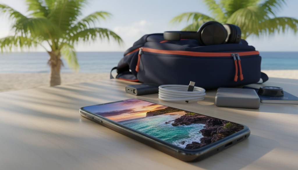 A modern smartphone positioned prominently in the foreground, showcasing its sleek design and vibrant screen displaying a landscape from Hawaii's coast. The middle ground features a travel backpack, open with visible travel gadgets like chargers, headphones, and a portable power bank, all organized neatly. In the background, hints of a tropical setting can be seen, with lush green palm trees and a hint of a beach. Soft, natural sunlight bathes the scene, casting gentle shadows and creating a calm, relaxed atmosphere. The angle is slightly tilted to give depth, emphasizing the adventure of staying connected while exploring Hawaii's beautiful islands. A modern smartphone positioned prominently in the foreground, showcasing its sleek design and vibrant screen displaying a landscape from Hawaii's coast. The middle ground features a travel backpack, open with visible travel gadgets like chargers, headphones, and a portable power bank, all organized neatly. In the background, hints of a tropical setting can be seen, with lush green palm trees and a hint of a beach. Soft, natural sunlight bathes the scene, casting gentle shadows and creating a calm, relaxed atmosphere. The angle is slightly tilted to give depth, emphasizing the adventure of staying connected while exploring Hawaii's beautiful islands.