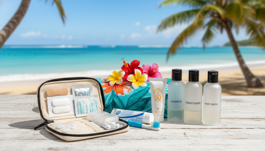 A neatly arranged display of essential toiletries for travel, including a compact toothbrush, travel-sized toothpaste, a small bottle of shampoo, conditioner, body wash, sunscreen, and a deodorant stick. In the foreground, a mini first-aid kit is open, showcasing adhesive bandages, antiseptic wipes, and pain relief tablets. In the middle, a vibrant beach towel and tropical flowers set the scene, while the background features a blurred beach landscape with gentle waves and palm trees under a clear blue sky. The lighting is bright and sunny, evoking a cheerful and relaxed vacation atmosphere. The angle is slightly elevated, giving a clear view of the items while capturing the essence of a tropical getaway. A neatly arranged display of essential toiletries for travel, including a compact toothbrush, travel-sized toothpaste, a small bottle of shampoo, conditioner, body wash, sunscreen, and a deodorant stick. In the foreground, a mini first-aid kit is open, showcasing adhesive bandages, antiseptic wipes, and pain relief tablets. In the middle, a vibrant beach towel and tropical flowers set the scene, while the background features a blurred beach landscape with gentle waves and palm trees under a clear blue sky. The lighting is bright and sunny, evoking a cheerful and relaxed vacation atmosphere. The angle is slightly elevated, giving a clear view of the items while capturing the essence of a tropical getaway.