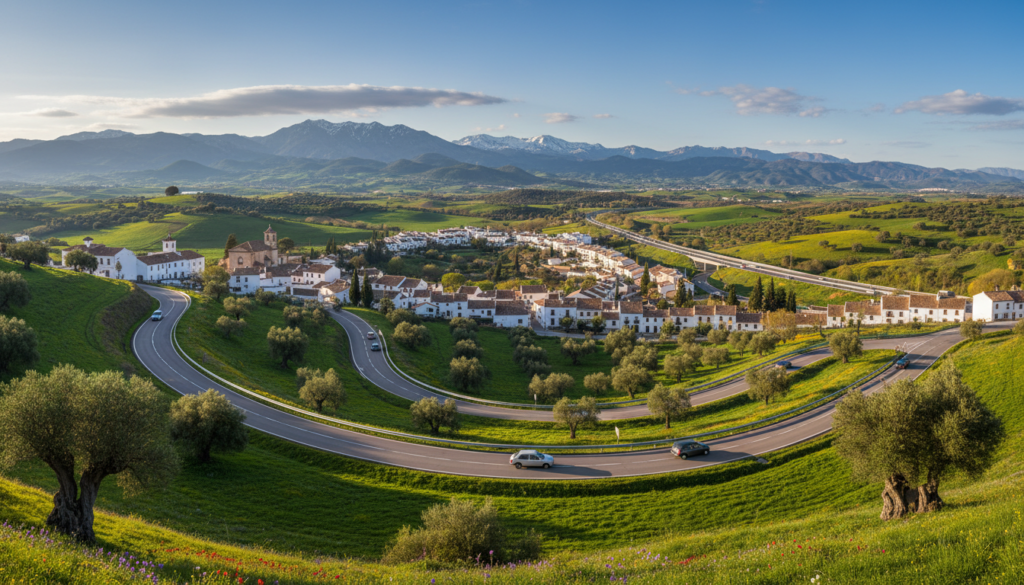 A panoramic view of a stunning Spanish landscape showcasing a network of scenic driving routes. In the foreground, a winding road curves gently through vibrant green hills dotted with clusters of olive trees and wildflowers. The middle ground features picturesque villages with distinct Spanish architecture, including white-washed buildings with terracotta roofs. In the background, majestic mountains rise under a clear blue sky with a few wispy clouds, hinting at the diverse themes of a road trip. The lighting is warm and inviting, casting soft shadows and highlighting the natural beauty of the scenery. The overall atmosphere is tranquil and adventurous, evoking a sense of exploration and wanderlust for travelers. A panoramic view of a stunning Spanish landscape showcasing a network of scenic driving routes. In the foreground, a winding road curves gently through vibrant green hills dotted with clusters of olive trees and wildflowers. The middle ground features picturesque villages with distinct Spanish architecture, including white-washed buildings with terracotta roofs. In the background, majestic mountains rise under a clear blue sky with a few wispy clouds, hinting at the diverse themes of a road trip. The lighting is warm and inviting, casting soft shadows and highlighting the natural beauty of the scenery. The overall atmosphere is tranquil and adventurous, evoking a sense of exploration and wanderlust for travelers.