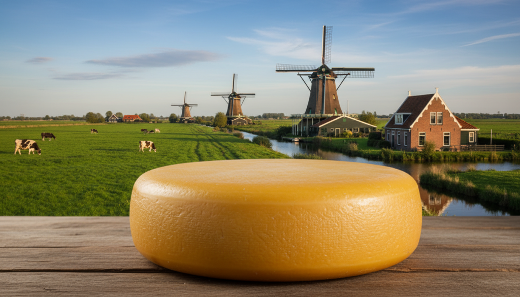 A picturesque Gouda cheese wheel in the foreground, showcasing its rich yellow color and distinctive round shape, with the iconic Dutch windmills in the middle ground gently turning against a clear blue sky. Surrounding the cheese, lush green fields dotted with grazing cows create a serene agricultural landscape. In the background, peaceful canals reflect the sun’s warm glow, bordered by quaint Dutch houses with traditional gabled roofs. The scene is bathed in soft, natural lighting, evoking a tranquil late afternoon atmosphere. Capture this idyllic setting at a slight angle to highlight both the cheese and the charming surroundings, emphasizing the beauty of this classic Dutch town. A picturesque Gouda cheese wheel in the foreground, showcasing its rich yellow color and distinctive round shape, with the iconic Dutch windmills in the middle ground gently turning against a clear blue sky. Surrounding the cheese, lush green fields dotted with grazing cows create a serene agricultural landscape. In the background, peaceful canals reflect the sun’s warm glow, bordered by quaint Dutch houses with traditional gabled roofs. The scene is bathed in soft, natural lighting, evoking a tranquil late afternoon atmosphere. Capture this idyllic setting at a slight angle to highlight both the cheese and the charming surroundings, emphasizing the beauty of this classic Dutch town.