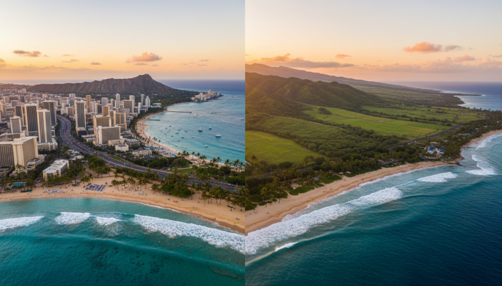 A picturesque aerial view contrasting the vibrant urban landscape of Honolulu on the left, with its iconic skyline and bustling beaches, against the lush, tranquil scenery of Maui on the right, showcasing its rolling green hills and pristine coastline. In the foreground, depict a gentle wave splashing onto a sandy beach, like a natural boundary between the two islands. The middle ground features Hawaii's diverse flora, with palm trees swaying lightly in the breeze. In the background, capture a stunning sunset casting warm golden and pink hues across the sky, reflecting off the ocean. The mood should feel inviting and serene, perfect for vacation planning, with soft, diffused lighting highlighting the beauty of both islands. Use a wide-angle lens perspective to enhance the sweeping vista. A picturesque aerial view contrasting the vibrant urban landscape of Honolulu on the left, with its iconic skyline and bustling beaches, against the lush, tranquil scenery of Maui on the right, showcasing its rolling green hills and pristine coastline. In the foreground, depict a gentle wave splashing onto a sandy beach, like a natural boundary between the two islands. The middle ground features Hawaii's diverse flora, with palm trees swaying lightly in the breeze. In the background, capture a stunning sunset casting warm golden and pink hues across the sky, reflecting off the ocean. The mood should feel inviting and serene, perfect for vacation planning, with soft, diffused lighting highlighting the beauty of both islands. Use a wide-angle lens perspective to enhance the sweeping vista.