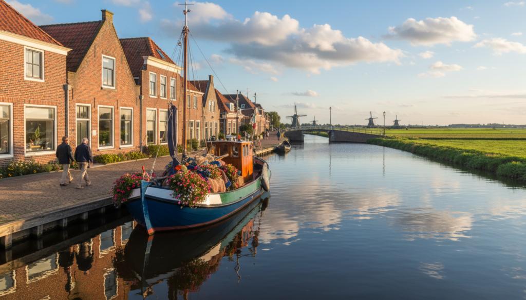 A picturesque harbor scene in Monnickendam, Netherlands, capturing the tranquil beauty of this charming small town. In the foreground, a wooden fishing boat gently sways on the calm water, adorned with colorful netting and flowers. The middle ground features quaint, traditional Dutch houses made of brick with gabled roofs, their reflections shimmering in the water. A few people in modest casual clothing stroll along the cobblestone path, enjoying the serene atmosphere. In the background, a blue sky with fluffy white clouds stretches above, with the silhouettes of distant windmills and green fields. The image is bathed in soft, golden sunlight, creating a peaceful and inviting mood. Use a wide-angle lens to enhance the sense of space and depth. A picturesque harbor scene in Monnickendam, Netherlands, capturing the tranquil beauty of this charming small town. In the foreground, a wooden fishing boat gently sways on the calm water, adorned with colorful netting and flowers. The middle ground features quaint, traditional Dutch houses made of brick with gabled roofs, their reflections shimmering in the water. A few people in modest casual clothing stroll along the cobblestone path, enjoying the serene atmosphere. In the background, a blue sky with fluffy white clouds stretches above, with the silhouettes of distant windmills and green fields. The image is bathed in soft, golden sunlight, creating a peaceful and inviting mood. Use a wide-angle lens to enhance the sense of space and depth.