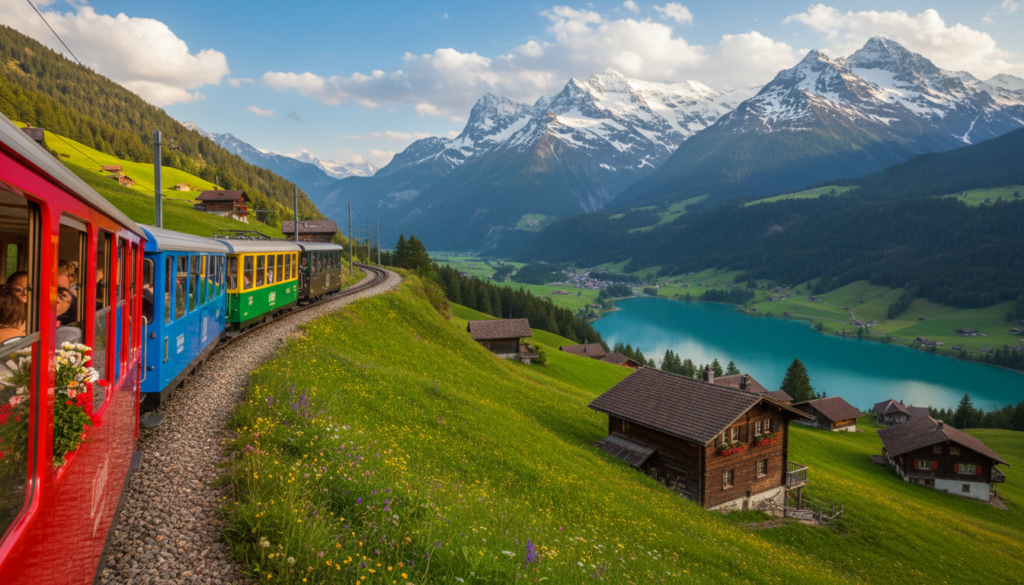 A picturesque scene of a Swiss train traveling through a stunning landscape. In the foreground, include a narrow-gauge train with bright, colorful carriages gliding along a rugged track. In the middle ground, lush green valleys dotted with charming wooden chalets, wildflowers in bloom, and a serene lake reflecting the sky. The mountains rise majestically in the background, their peaks dusted with snow under a clear blue sky. Soft, natural lighting bathes the scene in warmth, highlighting the vibrant colors of the landscape. Capture the image from a slight elevated angle, emphasizing the train’s journey through this idyllic setting, evoking a sense of serenity and adventure. The overall mood should feel tranquil and inviting, showcasing the beauty of Switzerland’s underrated train rides. A picturesque scene of a Swiss train traveling through a stunning landscape. In the foreground, include a narrow-gauge train with bright, colorful carriages gliding along a rugged track. In the middle ground, lush green valleys dotted with charming wooden chalets, wildflowers in bloom, and a serene lake reflecting the sky. The mountains rise majestically in the background, their peaks dusted with snow under a clear blue sky. Soft, natural lighting bathes the scene in warmth, highlighting the vibrant colors of the landscape. Capture the image from a slight elevated angle, emphasizing the train’s journey through this idyllic setting, evoking a sense of serenity and adventure. The overall mood should feel tranquil and inviting, showcasing the beauty of Switzerland’s underrated train rides.