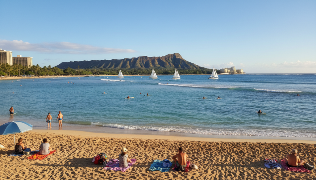 A picturesque view of Honolulu beach on a sunny day, capturing the essence of a tropical paradise. In the foreground, soft golden sand gently curves along the shoreline, with a few beach towels and modestly dressed beachgoers enjoying their day. The middle ground features calm turquoise waters, dotted with sailboats and surfers riding gentle waves. In the background, the iconic Diamond Head rises majestically against a clear blue sky, with a few wispy clouds enhancing the serene atmosphere. The warm sunlight casts a golden glow over the scene, creating a vibrant and inviting mood. The image is taken from a slightly elevated angle, offering a panoramic view that conveys the beauty and allure of Honolulu. A picturesque view of Honolulu beach on a sunny day, capturing the essence of a tropical paradise. In the foreground, soft golden sand gently curves along the shoreline, with a few beach towels and modestly dressed beachgoers enjoying their day. The middle ground features calm turquoise waters, dotted with sailboats and surfers riding gentle waves. In the background, the iconic Diamond Head rises majestically against a clear blue sky, with a few wispy clouds enhancing the serene atmosphere. The warm sunlight casts a golden glow over the scene, creating a vibrant and inviting mood. The image is taken from a slightly elevated angle, offering a panoramic view that conveys the beauty and allure of Honolulu.