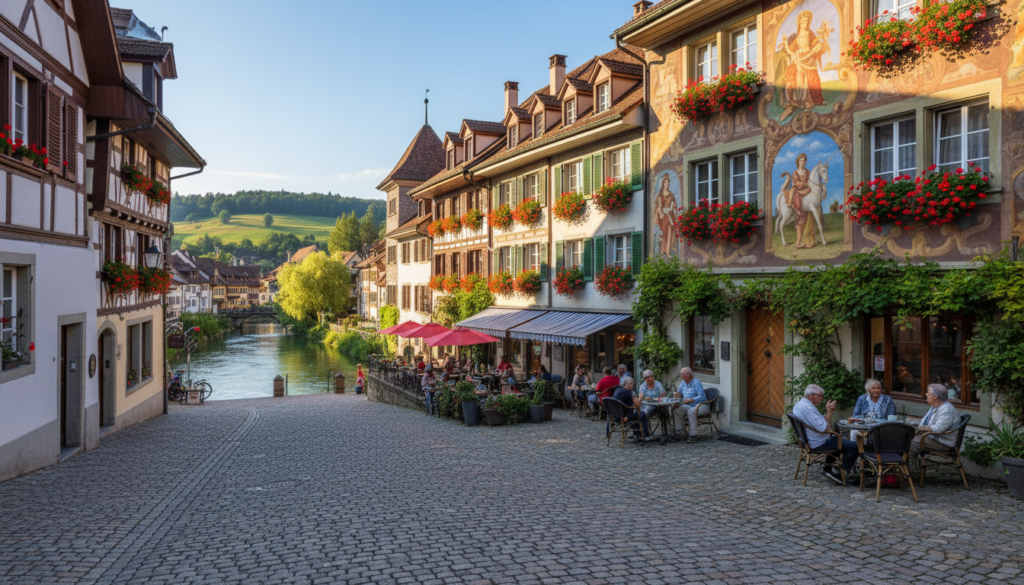 A picturesque view of Stein am Rhein, Switzerland's fairytale-like old town, featuring charming painted facades lined along the serene Rhine River. In the foreground, a cobblestone street invitingly leads through the village, with colorful, intricately detailed buildings adorned with murals that tell stories of the past. The middle layer showcases quaint cafés with outdoor seating, where visitors enjoy a tranquil atmosphere, while friendly locals engage in conversation. Lush greenery frames the scene, adding vibrancy. In the background, gentle hills rise under a clear blue sky, illuminated by warm sunlight that casts soft shadows, creating a dreamy ambiance. Capture this serene moment with a wide-angle lens, emphasizing the enchanting charm of this hidden gem, while maintaining a calm and inviting mood. A picturesque view of Stein am Rhein, Switzerland's fairytale-like old town, featuring charming painted facades lined along the serene Rhine River. In the foreground, a cobblestone street invitingly leads through the village, with colorful, intricately detailed buildings adorned with murals that tell stories of the past. The middle layer showcases quaint cafés with outdoor seating, where visitors enjoy a tranquil atmosphere, while friendly locals engage in conversation. Lush greenery frames the scene, adding vibrancy. In the background, gentle hills rise under a clear blue sky, illuminated by warm sunlight that casts soft shadows, creating a dreamy ambiance. Capture this serene moment with a wide-angle lens, emphasizing the enchanting charm of this hidden gem, while maintaining a calm and inviting mood.