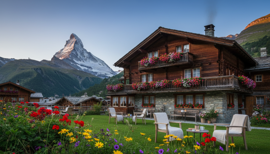 A picturesque view of a charming alpine hotel in Zermatt, framed by the majestic Matterhorn in the background. In the foreground, lush green lawns dotted with colorful wildflowers, showcasing inviting outdoor seating areas with cozy chairs and small tables, perfect for enjoying the mountain air. The middle features a traditional Swiss chalet-style hotel with wooden beams and flower boxes bursting with vibrant blooms. Soft, warm lighting illuminates the scene during the golden hour, casting a gentle glow on the hotel’s wooden façade. In the background, craggy mountain peaks rise against a clear blue sky, creating a serene and welcoming atmosphere, ideal for travelers seeking a tranquil retreat in the heart of the Alps. A picturesque view of a charming alpine hotel in Zermatt, framed by the majestic Matterhorn in the background. In the foreground, lush green lawns dotted with colorful wildflowers, showcasing inviting outdoor seating areas with cozy chairs and small tables, perfect for enjoying the mountain air. The middle features a traditional Swiss chalet-style hotel with wooden beams and flower boxes bursting with vibrant blooms. Soft, warm lighting illuminates the scene during the golden hour, casting a gentle glow on the hotel’s wooden façade. In the background, craggy mountain peaks rise against a clear blue sky, creating a serene and welcoming atmosphere, ideal for travelers seeking a tranquil retreat in the heart of the Alps.