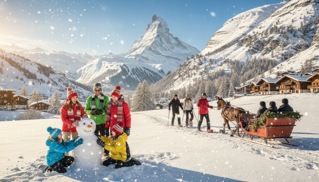 A picturesque winter scene in Zermatt, showcasing a variety of winter activities beyond skiing. In the foreground, a cheerful family dressed in warm, colorful jackets and scarves is building a snowman, surrounded by sparkling snowflakes falling softly. In the middle ground, a group of friends enthusiastically engaging in snowshoeing, with snow-covered trees lining the path. The background features the iconic Matterhorn peak, majestically towering against a clear blue sky with hints of golden sunlight illuminating the snowy landscape. The atmosphere is festive and joyful, reflecting the magic of winter in a charming Alpine town, captured with a warm, inviting lighting. The image should be taken with a wide-angle lens to emphasize the expanse of the snowy terrain and create a sense of connection to Zermatt's enchanting winter activities. A picturesque winter scene in Zermatt, showcasing a variety of winter activities beyond skiing. In the foreground, a cheerful family dressed in warm, colorful jackets and scarves is building a snowman, surrounded by sparkling snowflakes falling softly. In the middle ground, a group of friends enthusiastically engaging in snowshoeing, with snow-covered trees lining the path. The background features the iconic Matterhorn peak, majestically towering against a clear blue sky with hints of golden sunlight illuminating the snowy landscape. The atmosphere is festive and joyful, reflecting the magic of winter in a charming Alpine town, captured with a warm, inviting lighting. The image should be taken with a wide-angle lens to emphasize the expanse of the snowy terrain and create a sense of connection to Zermatt's enchanting winter activities.