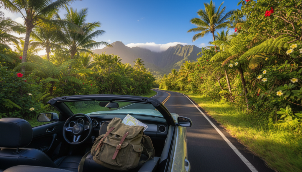A scenic highway winding through lush tropical landscapes of Maui, showcasing a rental car on the road with palm trees lining the sides. In the foreground, the car’s window is rolled down, with a backpack perched on the passenger seat, suggesting a spirit of adventure. The middle ground features a vibrant mix of green vegetation and hints of local flora, perhaps a hibiscus flower or two, contrasting against the bright blue sky. In the background, distant mountains rise gently, partially shrouded in mist, creating depth in the image. The lighting is warm and golden, indicative of a late afternoon sun, casting soft shadows and enhancing the colors. The overall atmosphere conveys a sense of exploration and freedom, perfect for discovering hidden waterfalls. A scenic highway winding through lush tropical landscapes of Maui, showcasing a rental car on the road with palm trees lining the sides. In the foreground, the car’s window is rolled down, with a backpack perched on the passenger seat, suggesting a spirit of adventure. The middle ground features a vibrant mix of green vegetation and hints of local flora, perhaps a hibiscus flower or two, contrasting against the bright blue sky. In the background, distant mountains rise gently, partially shrouded in mist, creating depth in the image. The lighting is warm and golden, indicative of a late afternoon sun, casting soft shadows and enhancing the colors. The overall atmosphere conveys a sense of exploration and freedom, perfect for discovering hidden waterfalls.