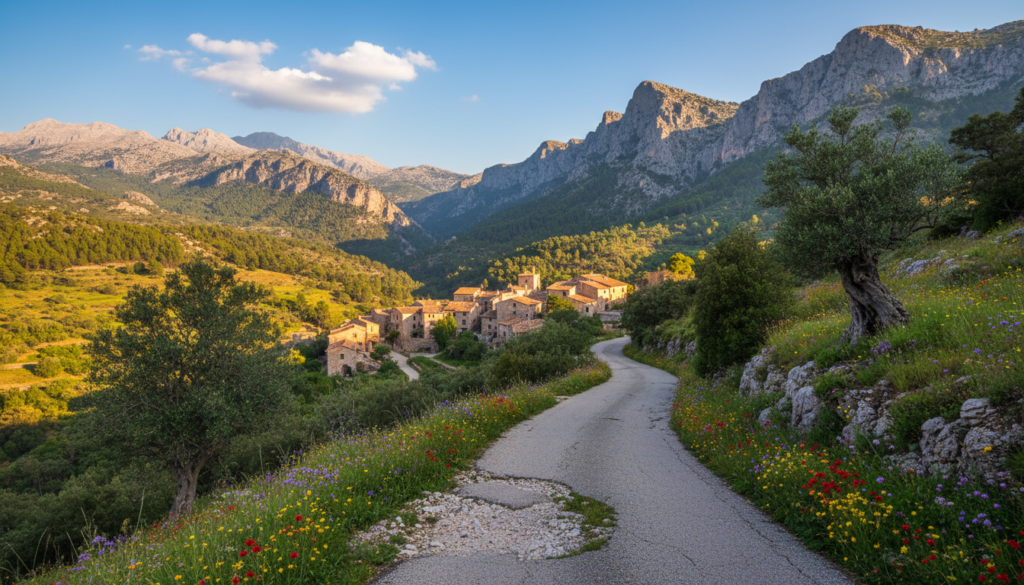 A scenic road winding through the lush greenery of Mallorca’s Tramuntana mountains, dotted with dramatic cliffs and soft, rolling hills. In the foreground, a narrow, paved road with occasional rocky outcrops and vibrant wildflowers lining the edges, inviting adventure. The middle ground features ancient stone villages with traditional Mediterranean architecture, terracotta roofs basking in warm sunlight. In the background, majestic mountains rise beneath a clear blue sky, with a few puffy clouds lazily drifting by. The scene captures the essence of a perfect sunny day, with golden light enhancing the colors of nature. The perspective includes a slight upward angle, emphasizing the grandeur of the mountains while inviting viewers to imagine driving along this stunning route. A scenic road winding through the lush greenery of Mallorca’s Tramuntana mountains, dotted with dramatic cliffs and soft, rolling hills. In the foreground, a narrow, paved road with occasional rocky outcrops and vibrant wildflowers lining the edges, inviting adventure. The middle ground features ancient stone villages with traditional Mediterranean architecture, terracotta roofs basking in warm sunlight. In the background, majestic mountains rise beneath a clear blue sky, with a few puffy clouds lazily drifting by. The scene captures the essence of a perfect sunny day, with golden light enhancing the colors of nature. The perspective includes a slight upward angle, emphasizing the grandeur of the mountains while inviting viewers to imagine driving along this stunning route.