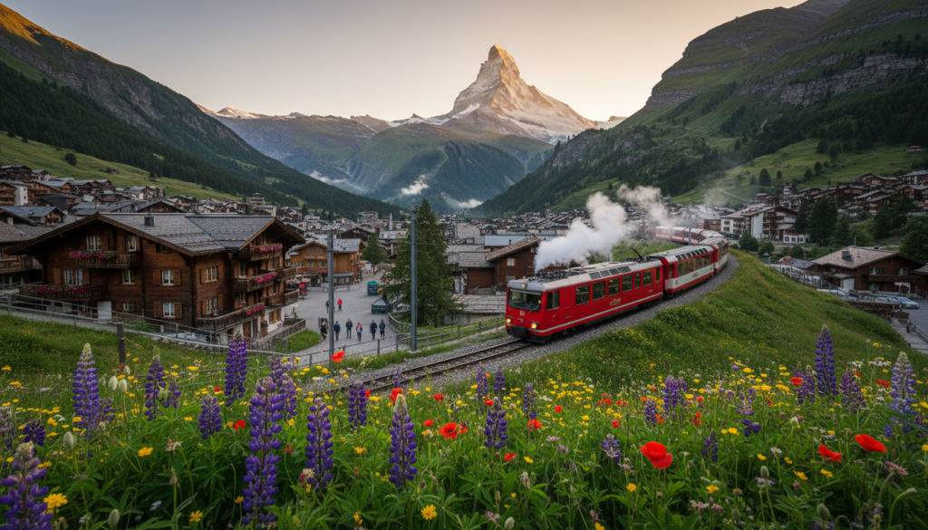 A scenic train chugging through the stunning Swiss Alps, surrounded by lush green valleys and snow-capped mountains. In the foreground, vibrant wildflowers bloom beside the train tracks, while in the middle ground, the charming town of Zermatt is visible, with traditional wooden chalets and pedestrians dressed in modest casual clothing, emphasizing the car-free environment. The sunset casts a warm golden light, highlighting the peaks and creating long shadows, with a soft mist rising from the valleys. The composition is viewed from a slight elevated angle, capturing both the train in motion and the breathtaking scenery. The mood is tranquil and picturesque, evoking a sense of adventure and the beauty of sustainable travel. A scenic train chugging through the stunning Swiss Alps, surrounded by lush green valleys and snow-capped mountains. In the foreground, vibrant wildflowers bloom beside the train tracks, while in the middle ground, the charming town of Zermatt is visible, with traditional wooden chalets and pedestrians dressed in modest casual clothing, emphasizing the car-free environment. The sunset casts a warm golden light, highlighting the peaks and creating long shadows, with a soft mist rising from the valleys. The composition is viewed from a slight elevated angle, capturing both the train in motion and the breathtaking scenery. The mood is tranquil and picturesque, evoking a sense of adventure and the beauty of sustainable travel.