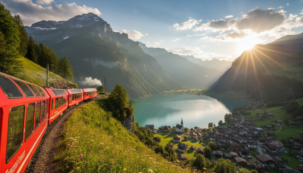 A scenic train traveling through the breathtaking Swiss Alps during golden hour, casting a warm hue over the landscape. In the foreground, the train winds along a dramatic cliffside with lush green meadows dotted with wildflowers. In the middle ground, a charming village sits nestled among towering snow-capped peaks, with the sunlight reflecting off a serene lake nearby. The background features a dramatic sky with soft, fluffy clouds illuminated by the dying light of the day. The atmosphere conveys a sense of adventure and tranquility, emphasizing the beauty and serenity of traveling by rail through Switzerland's stunning landscapes. The image should be captured from a slightly elevated angle, showcasing the train in motion against this picturesque backdrop. A scenic train traveling through the breathtaking Swiss Alps during golden hour, casting a warm hue over the landscape. In the foreground, the train winds along a dramatic cliffside with lush green meadows dotted with wildflowers. In the middle ground, a charming village sits nestled among towering snow-capped peaks, with the sunlight reflecting off a serene lake nearby. The background features a dramatic sky with soft, fluffy clouds illuminated by the dying light of the day. The atmosphere conveys a sense of adventure and tranquility, emphasizing the beauty and serenity of traveling by rail through Switzerland's stunning landscapes. The image should be captured from a slightly elevated angle, showcasing the train in motion against this picturesque backdrop.