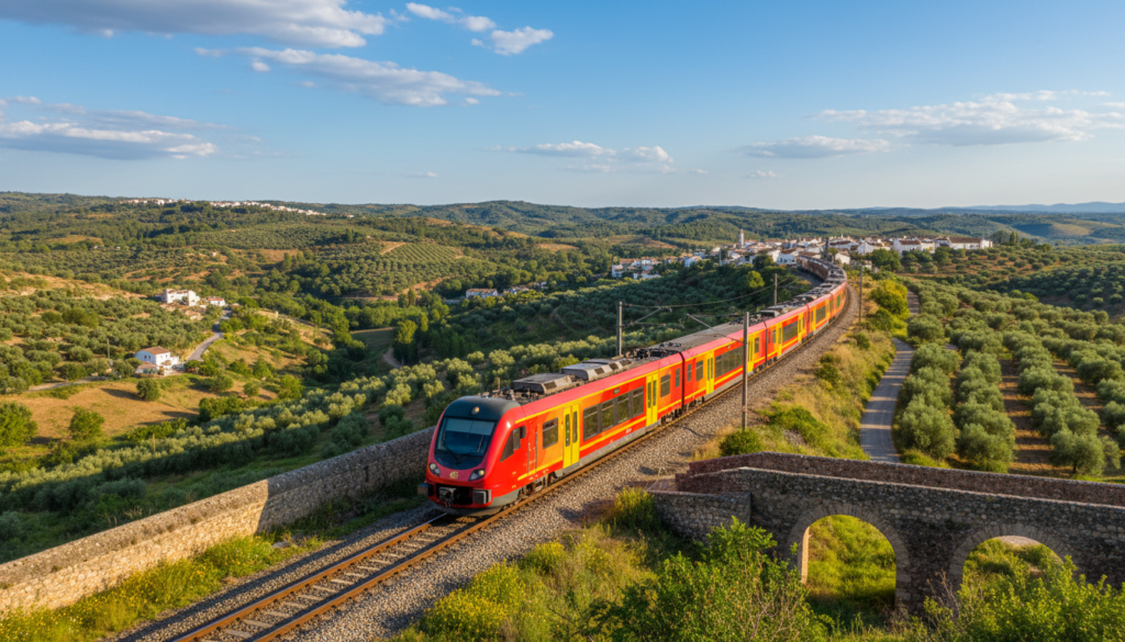A scenic view of a vibrant Spanish train traveling through lush green countryside, set against a backdrop of rolling hills dotted with quaint villages and olive groves. In the foreground, include the train with sleek, modern design and colorful passenger cars, capturing the essence of economical travel. The middle ground features a winding railway track that leads into the distance, framed by native flora and the iconic stone walls typical of Spanish architecture. The background showcases a clear blue sky with soft, fluffy clouds, conveying a bright, sunny day. Utilize natural lighting to enhance the cheerful, adventurous mood of budget-friendly travel in Spain, with a wide-angle perspective that captures both the train and its beautiful surroundings. A scenic view of a vibrant Spanish train traveling through lush green countryside, set against a backdrop of rolling hills dotted with quaint villages and olive groves. In the foreground, include the train with sleek, modern design and colorful passenger cars, capturing the essence of economical travel. The middle ground features a winding railway track that leads into the distance, framed by native flora and the iconic stone walls typical of Spanish architecture. The background showcases a clear blue sky with soft, fluffy clouds, conveying a bright, sunny day. Utilize natural lighting to enhance the cheerful, adventurous mood of budget-friendly travel in Spain, with a wide-angle perspective that captures both the train and its beautiful surroundings.