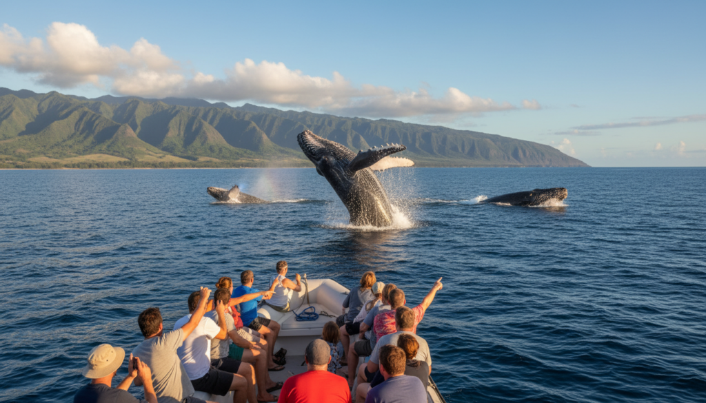 A scenic view of humpback whales breaching the shimmering blue waters off the coast of Maui during migration season. In the foreground, a small boat with diverse onlookers clad in casual clothing, their faces filled with awe and excitement, watches the majestic whales. The middle ground features multiple whales, their massive bodies surfacing and splashing water dramatically, casting rainbows in the sunlight. In the background, lush green mountains rise against a clear sky, dotted with a few fluffy white clouds. The lighting is warm and golden, conveying a tranquil yet thrilling atmosphere. The perspective is slightly elevated, capturing the grandeur of both the whales and the stunning landscape. A scenic view of humpback whales breaching the shimmering blue waters off the coast of Maui during migration season. In the foreground, a small boat with diverse onlookers clad in casual clothing, their faces filled with awe and excitement, watches the majestic whales. The middle ground features multiple whales, their massive bodies surfacing and splashing water dramatically, casting rainbows in the sunlight. In the background, lush green mountains rise against a clear sky, dotted with a few fluffy white clouds. The lighting is warm and golden, conveying a tranquil yet thrilling atmosphere. The perspective is slightly elevated, capturing the grandeur of both the whales and the stunning landscape.