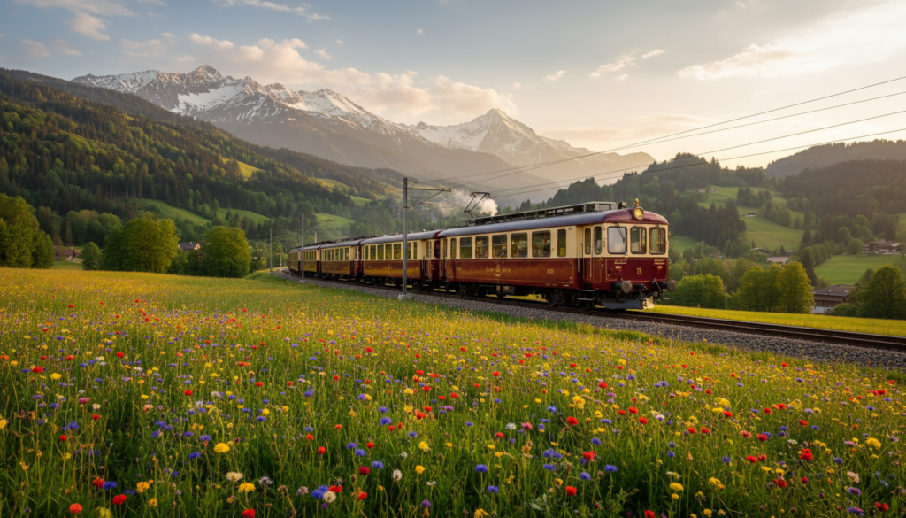 A scenic view of the Golden Pass Line in Switzerland, showcasing an elegant vintage train winding through lush green valleys. In the foreground, vibrant wildflowers bloom along the tracks, casting a colorful contrast. In the middle ground, the train glides smoothly, featuring classic Belle Époque design with ornate details. Surrounded by picturesque alpine landscapes, the majestic Pre-Alps rise in the background, dusted with snow. The lighting is warm and inviting, capturing the golden hues of a late afternoon sun. The atmosphere conveys a sense of nostalgia and adventure, evoking the charm of historic train journeys against a breathtaking backdrop of nature’s beauty. Shot with a wide-angle lens to capture the expansive view, reflecting the scenic splendor of this iconic route. A scenic view of the Golden Pass Line in Switzerland, showcasing an elegant vintage train winding through lush green valleys. In the foreground, vibrant wildflowers bloom along the tracks, casting a colorful contrast. In the middle ground, the train glides smoothly, featuring classic Belle Époque design with ornate details. Surrounded by picturesque alpine landscapes, the majestic Pre-Alps rise in the background, dusted with snow. The lighting is warm and inviting, capturing the golden hues of a late afternoon sun. The atmosphere conveys a sense of nostalgia and adventure, evoking the charm of historic train journeys against a breathtaking backdrop of nature’s beauty. Shot with a wide-angle lens to capture the expansive view, reflecting the scenic splendor of this iconic route.