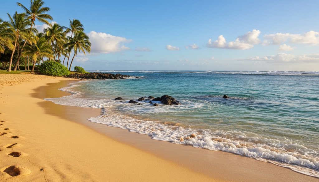 A serene Hawaiian beach scene showcasing crystal-clear, turquoise water gently lapping at the shore. In the foreground, smooth, sunlit sand invites footprints, glistening under a warm golden sun. The middle area features soft, foamy waves cascading in, creating a peaceful rhythm. A few small rocks peek out from the water, adding texture to the scene. In the background, lush green palm trees sway gently in the light breeze, with the vivid blue sky dotted with fluffy white clouds, enhancing the tranquil atmosphere. The lighting is bright and inviting, resembling a perfect day in Hawaii. The overall mood is peaceful and relaxing, ideal for illustrating the beauty and allure of choosing the right beach for a memorable trip. A serene Hawaiian beach scene showcasing crystal-clear, turquoise water gently lapping at the shore. In the foreground, smooth, sunlit sand invites footprints, glistening under a warm golden sun. The middle area features soft, foamy waves cascading in, creating a peaceful rhythm. A few small rocks peek out from the water, adding texture to the scene. In the background, lush green palm trees sway gently in the light breeze, with the vivid blue sky dotted with fluffy white clouds, enhancing the tranquil atmosphere. The lighting is bright and inviting, resembling a perfect day in Hawaii. The overall mood is peaceful and relaxing, ideal for illustrating the beauty and allure of choosing the right beach for a memorable trip.