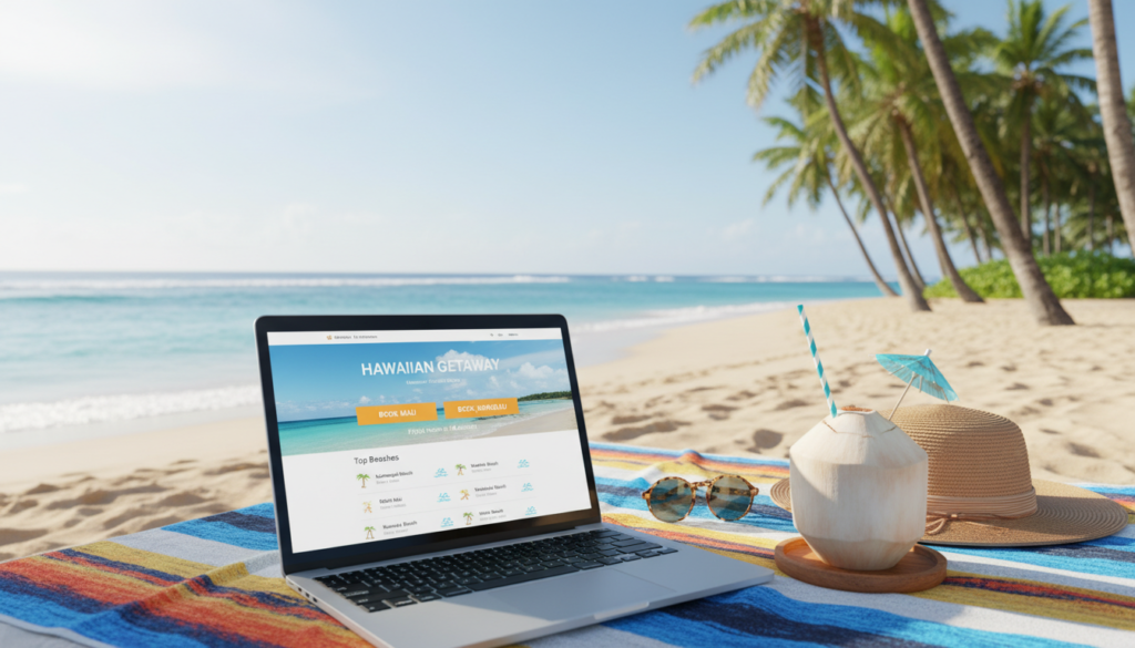 A serene and inviting travel scene showcasing booking shortcuts for a trip to Maui and Honolulu. In the foreground, a sleek laptop is open on a colorful beach towel, with a travel website visible on the screen, displaying a list of beaches and booking options. Next to the laptop, a refreshing coconut drink with a colorful straw adds to the tropical vibe. In the middle, a sunhat and sunglasses are casually placed, suggesting relaxation and adventure. The background features a stunning view of a pristine beach with turquoise waters and lush, green palm trees under a bright blue sky. The lighting is warm and sunny, evoking a cheerful and carefree atmosphere, ideal for first-time travelers planning their vacation. The scene captures the essence of easy travel planning in a tropical paradise. A serene and inviting travel scene showcasing booking shortcuts for a trip to Maui and Honolulu. In the foreground, a sleek laptop is open on a colorful beach towel, with a travel website visible on the screen, displaying a list of beaches and booking options. Next to the laptop, a refreshing coconut drink with a colorful straw adds to the tropical vibe. In the middle, a sunhat and sunglasses are casually placed, suggesting relaxation and adventure. The background features a stunning view of a pristine beach with turquoise waters and lush, green palm trees under a bright blue sky. The lighting is warm and sunny, evoking a cheerful and carefree atmosphere, ideal for first-time travelers planning their vacation. The scene captures the essence of easy travel planning in a tropical paradise.
