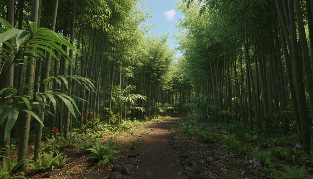 A serene and lush bamboo forest scene, bathed in soft, dappled sunlight filtering through tall, slender bamboo stalks. In the foreground, vibrant green leaves sway gently in a light breeze, and delicate ferns peek out from the underbrush. The middle ground features a winding dirt path that invites exploration, surrounded by clusters of bamboo creating a sense of enclosure. In the background, the soaring bamboo towers reach toward a bright blue sky, with hints of tropical flora adding bursts of color. The atmosphere is tranquil and invigorating, evoking a sense of adventure and hidden beauty typical of Maui's lesser-known trails. The image captures the essence of "big jungle energy," perfect for an exploration of nature's hidden gems. A serene and lush bamboo forest scene, bathed in soft, dappled sunlight filtering through tall, slender bamboo stalks. In the foreground, vibrant green leaves sway gently in a light breeze, and delicate ferns peek out from the underbrush. The middle ground features a winding dirt path that invites exploration, surrounded by clusters of bamboo creating a sense of enclosure. In the background, the soaring bamboo towers reach toward a bright blue sky, with hints of tropical flora adding bursts of color. The atmosphere is tranquil and invigorating, evoking a sense of adventure and hidden beauty typical of Maui's lesser-known trails. The image captures the essence of "big jungle energy," perfect for an exploration of nature's hidden gems.