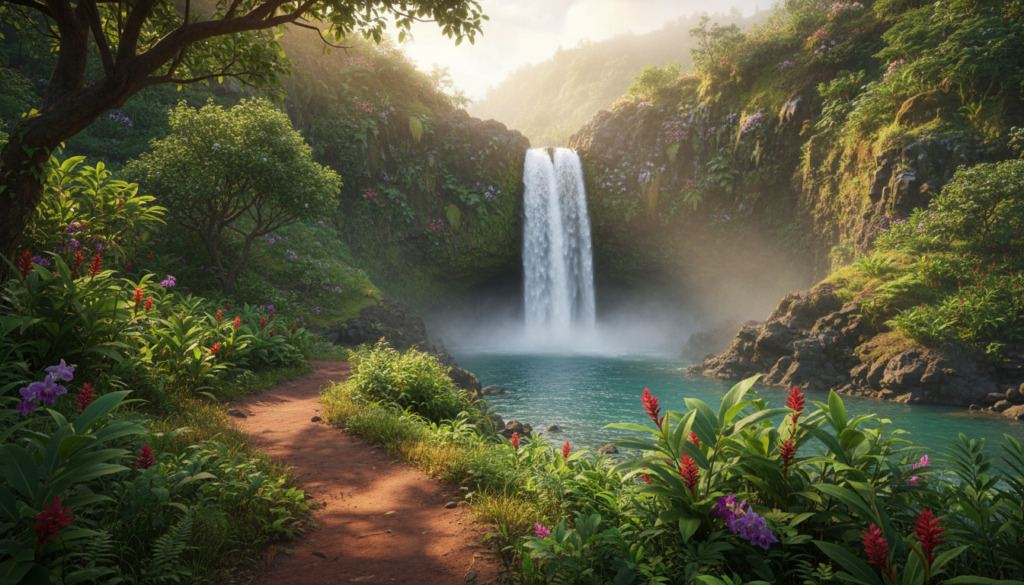 A serene and lush tropical trail leading to a hidden waterfall in Maui, surrounded by vibrant green foliage and colorful exotic flowers. The foreground features a winding dirt path, dappled with soft sunlight filtering through the dense canopy above. In the middle ground, the majestic waterfall cascades down rugged rocks into a crystal-clear pool, its mist creating a luminous effect. The background showcases towering cliffs adorned with vibrant flora, bathed in warm golden hour lighting. A slight fog lingers, enhancing the enchanting atmosphere and inviting a sense of adventure. The image captures the tranquility and beauty of untouched nature, serving as an enticing glimpse into an off-the-beaten-path hiking experience. A serene and lush tropical trail leading to a hidden waterfall in Maui, surrounded by vibrant green foliage and colorful exotic flowers. The foreground features a winding dirt path, dappled with soft sunlight filtering through the dense canopy above. In the middle ground, the majestic waterfall cascades down rugged rocks into a crystal-clear pool, its mist creating a luminous effect. The background showcases towering cliffs adorned with vibrant flora, bathed in warm golden hour lighting. A slight fog lingers, enhancing the enchanting atmosphere and inviting a sense of adventure. The image captures the tranquility and beauty of untouched nature, serving as an enticing glimpse into an off-the-beaten-path hiking experience.