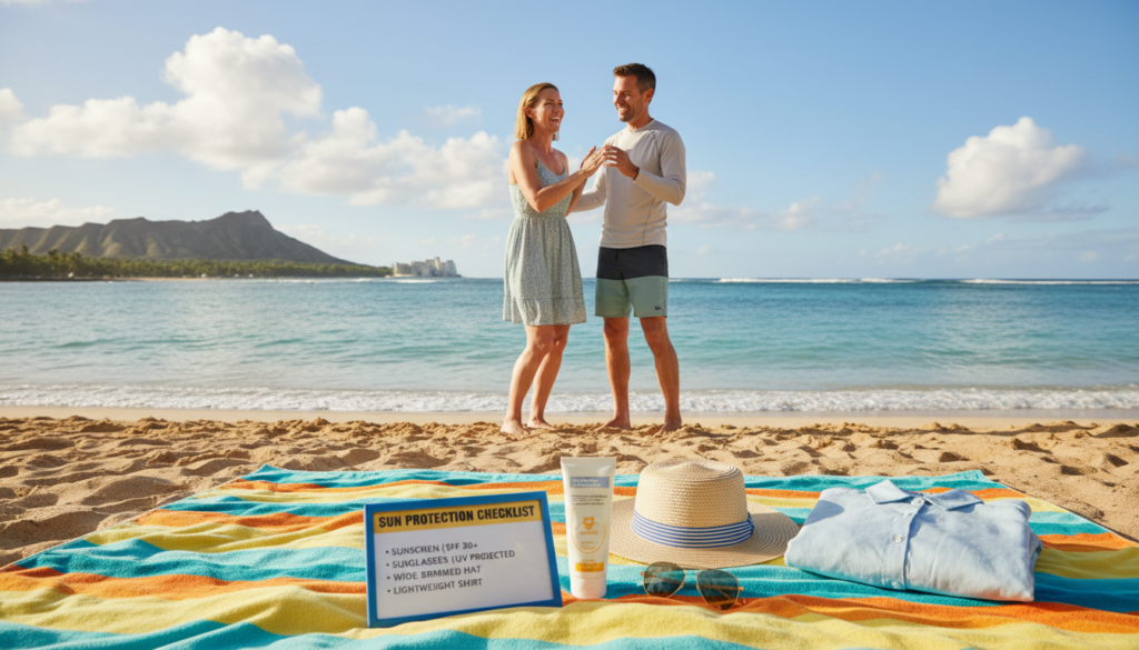 A serene beach scene in Honolulu during a bright, sunny day with gentle trade winds. In the foreground, a neatly arranged sun protection checklist on a colorful beach towel, featuring items like sunscreen, sunglasses, a wide-brimmed hat, and a lightweight, breathable shirt. The middle ground captures a couple enjoying the beach, dressed in modest casual clothing, applying sunscreen on each other with joyful expressions. In the background, the sparkling turquoise ocean melds into a clear blue sky dotted with fluffy white clouds. Soft, warm lighting casts inviting shadows, evoking a relaxed, enjoyable day outdoors. The overall mood is one of tranquility and preparation for a fun beach experience. A serene beach scene in Honolulu during a bright, sunny day with gentle trade winds. In the foreground, a neatly arranged sun protection checklist on a colorful beach towel, featuring items like sunscreen, sunglasses, a wide-brimmed hat, and a lightweight, breathable shirt. The middle ground captures a couple enjoying the beach, dressed in modest casual clothing, applying sunscreen on each other with joyful expressions. In the background, the sparkling turquoise ocean melds into a clear blue sky dotted with fluffy white clouds. Soft, warm lighting casts inviting shadows, evoking a relaxed, enjoyable day outdoors. The overall mood is one of tranquility and preparation for a fun beach experience.