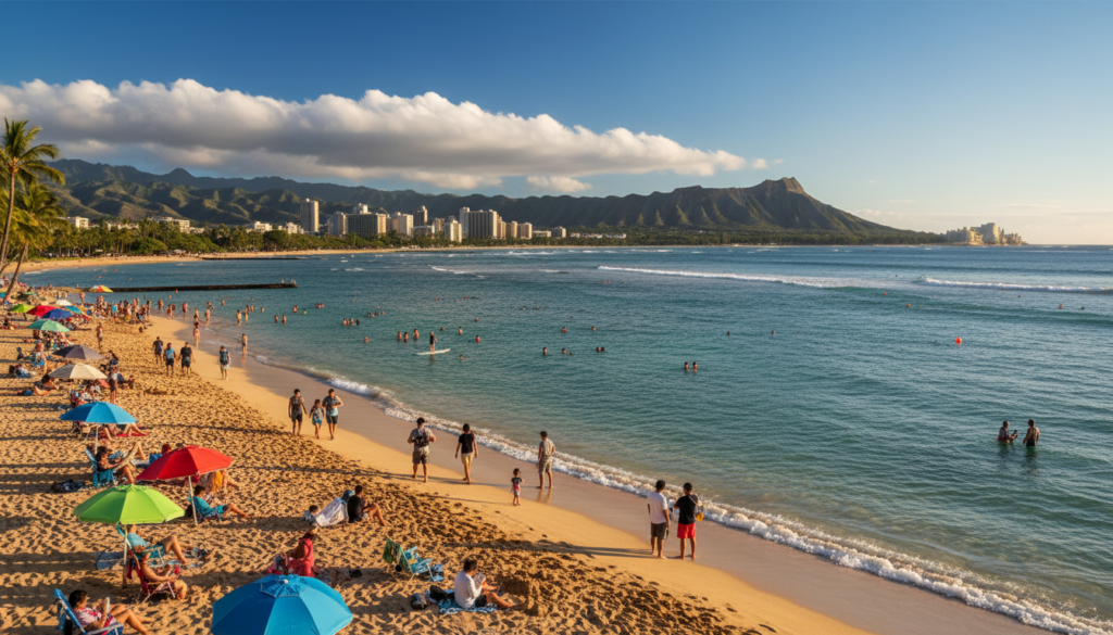 A serene beach scene showcasing a variety of iconic Maui and Honolulu beaches. In the foreground, clear turquoise water gently laps against soft, golden sands dotted with colorful beach umbrellas and modestly dressed sunbathers reading and relaxing. In the middle ground, people of diverse backgrounds stroll along the shoreline, some taking photographs with professional cameras, capturing the beauty around them. The background reveals lush green mountains under a clear blue sky, with wispy clouds floating above. The sunlight casts a warm, inviting glow over the entire scene, enhancing the rich colors and creating a lively yet tranquil atmosphere. The composition should be framed as if from a slightly elevated angle, focusing on the dynamic interplay between land and sea, embodying a vibrant Hawaiian getaway mood. A serene beach scene showcasing a variety of iconic Maui and Honolulu beaches. In the foreground, clear turquoise water gently laps against soft, golden sands dotted with colorful beach umbrellas and modestly dressed sunbathers reading and relaxing. In the middle ground, people of diverse backgrounds stroll along the shoreline, some taking photographs with professional cameras, capturing the beauty around them. The background reveals lush green mountains under a clear blue sky, with wispy clouds floating above. The sunlight casts a warm, inviting glow over the entire scene, enhancing the rich colors and creating a lively yet tranquil atmosphere. The composition should be framed as if from a slightly elevated angle, focusing on the dynamic interplay between land and sea, embodying a vibrant Hawaiian getaway mood.