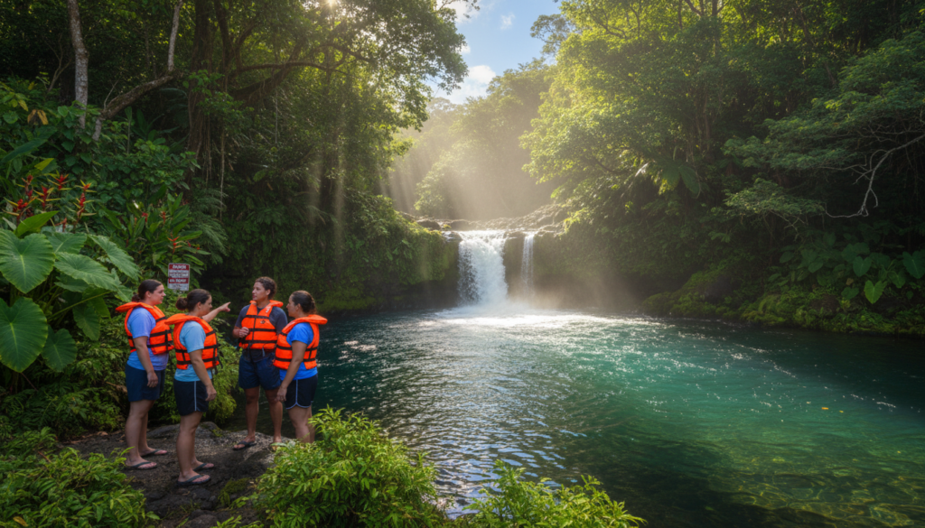A serene hidden waterfall in Maui, surrounded by vibrant tropical foliage. In the foreground, a clear pool reflects the cascading water and lush greenery, inviting safe swimming. To the left, a group of four diverse individuals in modest casual clothing, wearing life jackets, are discussing swimming safety tips. The middle section features the waterfall flowing gently down smooth rocks into the pool, with sunlight streaming through the trees, creating dappled patterns on the water's surface. In the background, soft mist rises from the waterfall, while the bright blue sky peeks through the treetops. The atmosphere is peaceful and educational, emphasizing the importance of safety and nature. The scene is captured with a wide-angle lens to showcase the stunning landscape. A serene hidden waterfall in Maui, surrounded by vibrant tropical foliage. In the foreground, a clear pool reflects the cascading water and lush greenery, inviting safe swimming. To the left, a group of four diverse individuals in modest casual clothing, wearing life jackets, are discussing swimming safety tips. The middle section features the waterfall flowing gently down smooth rocks into the pool, with sunlight streaming through the trees, creating dappled patterns on the water's surface. In the background, soft mist rises from the waterfall, while the bright blue sky peeks through the treetops. The atmosphere is peaceful and educational, emphasizing the importance of safety and nature. The scene is captured with a wide-angle lens to showcase the stunning landscape.