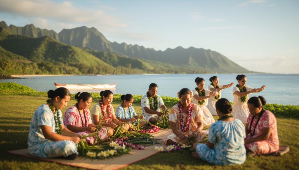 A serene scene depicting the essence of "being pono" in a vibrant Hawaiian landscape. In the foreground, a diverse group of individuals of various ages, dressed in colorful, modest casual clothing, engages in traditional cultural activities like lei-making and hula dancing, showcasing a connection to their heritage. The middle ground features lush green mountains and a tranquil ocean, symbolizing harmony with nature. The background showcases a clear blue sky with wispy clouds, bathing the scene in warm, golden sunlight, creating a peaceful atmosphere. The image captures a moment of reflection and community, emphasizing the mindset of respect, balance, and ethical exploration in Hawaiian culture. Use a soft focus lens to enhance the dreamlike quality of the scene, invoking feelings of calm and unity. A serene scene depicting the essence of "being pono" in a vibrant Hawaiian landscape. In the foreground, a diverse group of individuals of various ages, dressed in colorful, modest casual clothing, engages in traditional cultural activities like lei-making and hula dancing, showcasing a connection to their heritage. The middle ground features lush green mountains and a tranquil ocean, symbolizing harmony with nature. The background showcases a clear blue sky with wispy clouds, bathing the scene in warm, golden sunlight, creating a peaceful atmosphere. The image captures a moment of reflection and community, emphasizing the mindset of respect, balance, and ethical exploration in Hawaiian culture. Use a soft focus lens to enhance the dreamlike quality of the scene, invoking feelings of calm and unity.