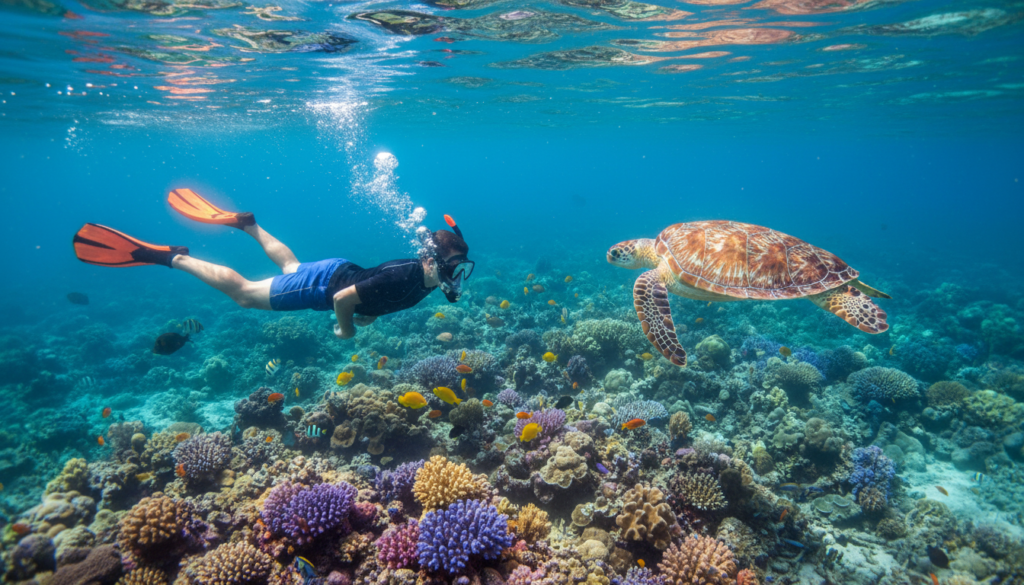A serene underwater scene showcasing a vibrant snorkeling experience. In the foreground, a snorkeler wearing a mask and fins gracefully glides through crystal-clear turquoise waters, observing a colorful array of coral and tropical fish. The snorkeler is dressed in a modest rash guard and swim shorts to reflect a casual yet professional attire. In the middle ground, a majestic sea turtle swims gently by, illustrating the rich marine life of Hawaii. The background features sunlit rays filtering through the water surface, creating a tranquil and inviting atmosphere. The scene captures the beauty of underwater exploration in a tropical paradise, emphasizing the joy of snorkeling in the stunning environments of Hawaii. A serene underwater scene showcasing a vibrant snorkeling experience. In the foreground, a snorkeler wearing a mask and fins gracefully glides through crystal-clear turquoise waters, observing a colorful array of coral and tropical fish. The snorkeler is dressed in a modest rash guard and swim shorts to reflect a casual yet professional attire. In the middle ground, a majestic sea turtle swims gently by, illustrating the rich marine life of Hawaii. The background features sunlit rays filtering through the water surface, creating a tranquil and inviting atmosphere. The scene captures the beauty of underwater exploration in a tropical paradise, emphasizing the joy of snorkeling in the stunning environments of Hawaii.