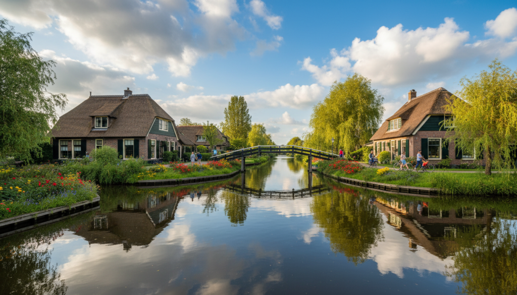 A serene view of Giethoorn, the picturesque canal village in the Netherlands, showcasing its iconic waterways. In the foreground, traditional thatched-roof cottages are nestled along the banks, their reflections shimmering in the tranquil water. A wooden footbridge arches gracefully over a narrow canal, adding charm to the scene. In the middle, cyclists and pedestrians stroll along lush green pathways, surrounded by vibrant flowers and willow trees gently swaying in the breeze. The background features a beautiful clear blue sky, dotted with fluffy white clouds, casting soft, dappled sunlight on the scene. The overall mood is peaceful and idyllic, capturing the essence of this enchanting village in a warm, inviting atmosphere. Use a wide-angle lens to emphasize the depth and beauty of this tranquil landscape. A serene view of Giethoorn, the picturesque canal village in the Netherlands, showcasing its iconic waterways. In the foreground, traditional thatched-roof cottages are nestled along the banks, their reflections shimmering in the tranquil water. A wooden footbridge arches gracefully over a narrow canal, adding charm to the scene. In the middle, cyclists and pedestrians stroll along lush green pathways, surrounded by vibrant flowers and willow trees gently swaying in the breeze. The background features a beautiful clear blue sky, dotted with fluffy white clouds, casting soft, dappled sunlight on the scene. The overall mood is peaceful and idyllic, capturing the essence of this enchanting village in a warm, inviting atmosphere. Use a wide-angle lens to emphasize the depth and beauty of this tranquil landscape.