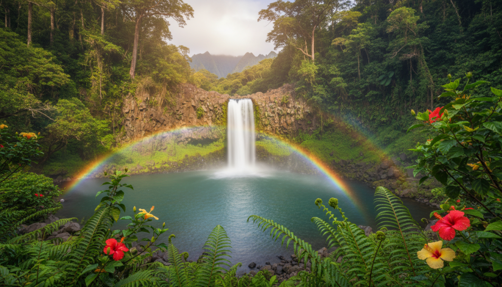 A serene view of Waimea Falls cascading down a rocky cliff into a clear, tranquil pool at the base, surrounded by lush tropical foliage. In the foreground, vibrant green ferns and colorful hibiscus flowers frame the scene, adding depth and richness. In the middle ground, the waterfall flows gently, creating soft mist that catches the sunlight, producing a rainbow in the spray. The background features dense jungle, with towering trees and distant mountains partially shrouded in clouds. Morning light filters through the leaves, casting a warm golden glow over the landscape, evoking a sense of tranquility and natural beauty. Capture this scene with a wide-angle lens for an immersive perspective that highlights the lush surroundings and majestic falls. A serene view of Waimea Falls cascading down a rocky cliff into a clear, tranquil pool at the base, surrounded by lush tropical foliage. In the foreground, vibrant green ferns and colorful hibiscus flowers frame the scene, adding depth and richness. In the middle ground, the waterfall flows gently, creating soft mist that catches the sunlight, producing a rainbow in the spray. The background features dense jungle, with towering trees and distant mountains partially shrouded in clouds. Morning light filters through the leaves, casting a warm golden glow over the landscape, evoking a sense of tranquility and natural beauty. Capture this scene with a wide-angle lens for an immersive perspective that highlights the lush surroundings and majestic falls.