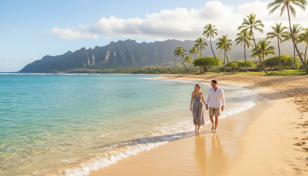 A serene view of West Maui beach, showcasing clear turquoise waters gently lapping at the golden sandy shore. In the foreground, a couple in modest casual beach attire enjoys a leisurely stroll along the water's edge, barefoot in the wet sand. The middle ground features a few palm trees swaying softly in the gentle breeze, framing the beach scene. In the background, lush green mountains rise majestically against a bright blue sky dotted with fluffy white clouds. The sunlight bathes the scene in a warm, inviting glow, enhancing the vibrant colors of the ocean and landscape. The overall mood is tranquil and welcoming, perfect for first-time travelers seeking relaxation and enjoyable ocean activities. A serene view of West Maui beach, showcasing clear turquoise waters gently lapping at the golden sandy shore. In the foreground, a couple in modest casual beach attire enjoys a leisurely stroll along the water's edge, barefoot in the wet sand. The middle ground features a few palm trees swaying softly in the gentle breeze, framing the beach scene. In the background, lush green mountains rise majestically against a bright blue sky dotted with fluffy white clouds. The sunlight bathes the scene in a warm, inviting glow, enhancing the vibrant colors of the ocean and landscape. The overall mood is tranquil and welcoming, perfect for first-time travelers seeking relaxation and enjoyable ocean activities.