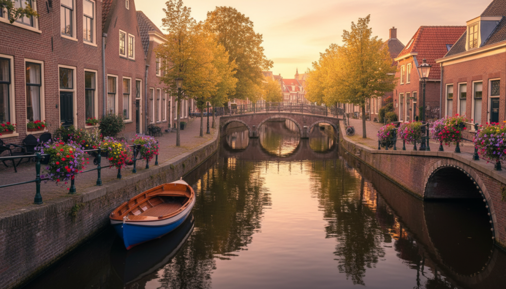 A serene view of a picturesque canal in a small Dutch town, lined with charming, traditional brick houses with flower-laden balconies. In the foreground, a small wooden boat gently drifts along the calm water, reflecting the vibrant colors of the buildings. The middle ground features lush greenery along the canal banks, with trees dappled in golden sunlight, creating a warm, inviting atmosphere. In the background, quaint bridges arch gracefully over the water, inviting exploration. The scene is bathed in soft, natural light during the golden hour, enhancing the tranquil mood. The angle is slightly elevated, capturing the depth and beauty of the canal while ensuring no crowds are visible, embodying the essence of peaceful small-town life in the Netherlands. A serene view of a picturesque canal in a small Dutch town, lined with charming, traditional brick houses with flower-laden balconies. In the foreground, a small wooden boat gently drifts along the calm water, reflecting the vibrant colors of the buildings. The middle ground features lush greenery along the canal banks, with trees dappled in golden sunlight, creating a warm, inviting atmosphere. In the background, quaint bridges arch gracefully over the water, inviting exploration. The scene is bathed in soft, natural light during the golden hour, enhancing the tranquil mood. The angle is slightly elevated, capturing the depth and beauty of the canal while ensuring no crowds are visible, embodying the essence of peaceful small-town life in the Netherlands.