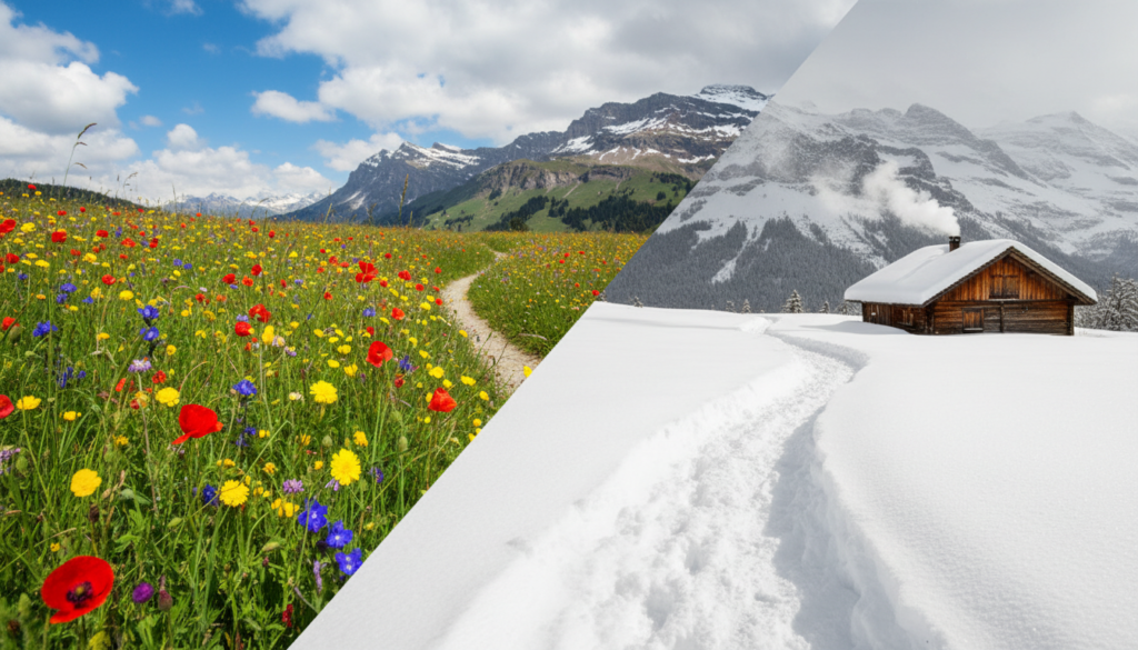 A split-image featuring the stunning beauty of Switzerland during both summer and winter. In the foreground, a vibrant green meadow with blooming wildflowers under a bright blue sky on the left, contrasting with the right side showcasing a serene snow-covered landscape with a cozy chalet, smoke rising from its chimney under a soft grey winter sky. In the middle, include a winding path leading to the majestic Swiss Alps, with jagged peaks visible in the background. Use natural light to highlight the textures of the greenery and the glistening snow. Capture a warm, inviting atmosphere on the summer side and a tranquil, peaceful mood on the winter side, with a slight tilt perspective to draw the viewer's eye into the enchanting scenery. No people or text present. A split-image featuring the stunning beauty of Switzerland during both summer and winter. In the foreground, a vibrant green meadow with blooming wildflowers under a bright blue sky on the left, contrasting with the right side showcasing a serene snow-covered landscape with a cozy chalet, smoke rising from its chimney under a soft grey winter sky. In the middle, include a winding path leading to the majestic Swiss Alps, with jagged peaks visible in the background. Use natural light to highlight the textures of the greenery and the glistening snow. Capture a warm, inviting atmosphere on the summer side and a tranquil, peaceful mood on the winter side, with a slight tilt perspective to draw the viewer's eye into the enchanting scenery. No people or text present.