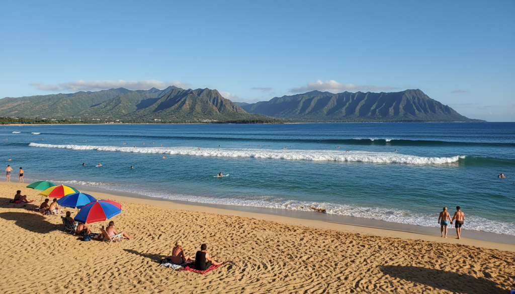 A stunning Hawaiian beach scene showcasing the contrast between the serene shores of Honolulu and the dramatic landscapes of Maui. In the foreground, powdery golden sand dotted with gentle waves lapping at the shore, with a few people in modest beach attire enjoying the sun, some lounging under colorful umbrellas. The middle ground features vibrant turquoise waters, ideal for swimming, with surfers riding the gentle waves. In the background, majestic lush green mountains rise dramatically against a clear blue sky, dotted with wispy clouds. The sunlight casts a warm golden hue over the entire scene, enhancing the tranquil atmosphere. The composition captures the essence of relaxation and natural beauty, perfect for a beach showdown. A stunning Hawaiian beach scene showcasing the contrast between the serene shores of Honolulu and the dramatic landscapes of Maui. In the foreground, powdery golden sand dotted with gentle waves lapping at the shore, with a few people in modest beach attire enjoying the sun, some lounging under colorful umbrellas. The middle ground features vibrant turquoise waters, ideal for swimming, with surfers riding the gentle waves. In the background, majestic lush green mountains rise dramatically against a clear blue sky, dotted with wispy clouds. The sunlight casts a warm golden hue over the entire scene, enhancing the tranquil atmosphere. The composition captures the essence of relaxation and natural beauty, perfect for a beach showdown.