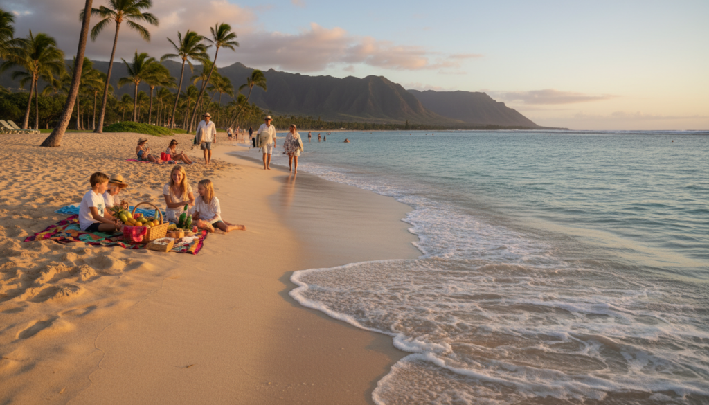 A stunning South Maui beach scene capturing soft, golden sands and crystal-clear turquoise waters under a bright, sunny sky. In the foreground, gentle waves lap the shore, leaving foam patterns on the sand. Scattered beach towels and a family enjoying a picnic provide a sense of leisure and fun. The middle ground features palm trees swaying gently in the breeze, while a few beachgoers in modest summer clothing stroll along the coastline, complementing the serene atmosphere. In the background, a picturesque view of rugged volcanic mountains and a vibrant sunset casts warm hues across the sky, evoking a tranquil paradise. The lighting is soft and warm, mimicking the late afternoon sun, observed from a low angle to enhance the scenic beauty. The overall mood is inviting and relaxing, perfect for showcasing a tropical getaway. A stunning South Maui beach scene capturing soft, golden sands and crystal-clear turquoise waters under a bright, sunny sky. In the foreground, gentle waves lap the shore, leaving foam patterns on the sand. Scattered beach towels and a family enjoying a picnic provide a sense of leisure and fun. The middle ground features palm trees swaying gently in the breeze, while a few beachgoers in modest summer clothing stroll along the coastline, complementing the serene atmosphere. In the background, a picturesque view of rugged volcanic mountains and a vibrant sunset casts warm hues across the sky, evoking a tranquil paradise. The lighting is soft and warm, mimicking the late afternoon sun, observed from a low angle to enhance the scenic beauty. The overall mood is inviting and relaxing, perfect for showcasing a tropical getaway.