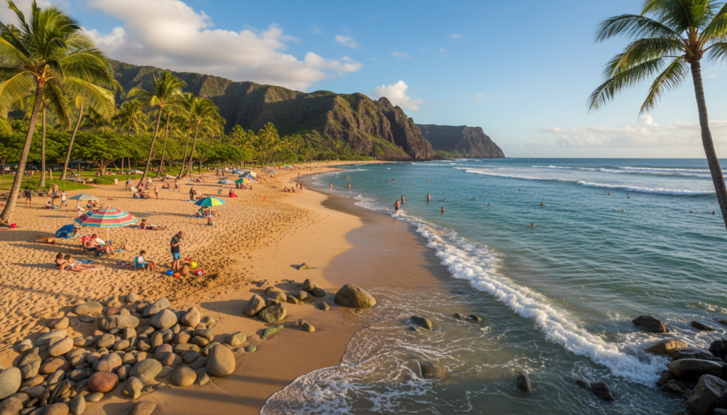 A stunning aerial view of a Hawaiian beach, featuring the crystal-clear turquoise waters of Maui and the golden sands of Honolulu. In the foreground, smooth beach pebbles and gentle surf create a tranquil atmosphere. The middle ground showcases sunbathers in modest beach attire, while families play and children build sandcastles under colorful umbrellas. Lush green palm trees frame the scene, providing shade and adding to the tropical vibe. In the background, dramatic volcanic cliffs rise against a brilliant blue sky with fluffy white clouds. The sun is setting, casting warm golden light across the landscape, enhancing the inviting and serene mood of this idyllic beach destination. Capture this breathtaking panorama with a wide-angle lens from a high vantage point, ensuring a peaceful and inviting ambiance. A stunning aerial view of a Hawaiian beach, featuring the crystal-clear turquoise waters of Maui and the golden sands of Honolulu. In the foreground, smooth beach pebbles and gentle surf create a tranquil atmosphere. The middle ground showcases sunbathers in modest beach attire, while families play and children build sandcastles under colorful umbrellas. Lush green palm trees frame the scene, providing shade and adding to the tropical vibe. In the background, dramatic volcanic cliffs rise against a brilliant blue sky with fluffy white clouds. The sun is setting, casting warm golden light across the landscape, enhancing the inviting and serene mood of this idyllic beach destination. Capture this breathtaking panorama with a wide-angle lens from a high vantage point, ensuring a peaceful and inviting ambiance.