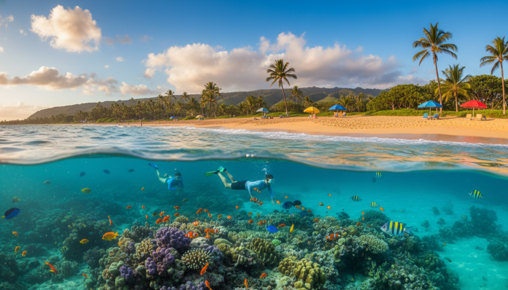 A stunning beach scene in Maui, showcasing a vibrant coral reef just beneath the crystal-clear turquoise water, perfect for snorkeling. In the foreground, a pair of snorkelers in modest casual clothing explore the underwater life, surrounded by colorful fish and marine flora. The middle ground features gentle waves lapping at the soft golden sand, dotted with beach umbrellas and towels. In the background, lush green hills rise against a bright blue sky, with a few fluffy white clouds scattered above. The lighting is warm and inviting, capturing the golden hour glow. The angle is slightly elevated, providing a panoramic view that conveys a sense of tranquility and adventure, perfect for illustrating a snorkeling paradise. A stunning beach scene in Maui, showcasing a vibrant coral reef just beneath the crystal-clear turquoise water, perfect for snorkeling. In the foreground, a pair of snorkelers in modest casual clothing explore the underwater life, surrounded by colorful fish and marine flora. The middle ground features gentle waves lapping at the soft golden sand, dotted with beach umbrellas and towels. In the background, lush green hills rise against a bright blue sky, with a few fluffy white clouds scattered above. The lighting is warm and inviting, capturing the golden hour glow. The angle is slightly elevated, providing a panoramic view that conveys a sense of tranquility and adventure, perfect for illustrating a snorkeling paradise.