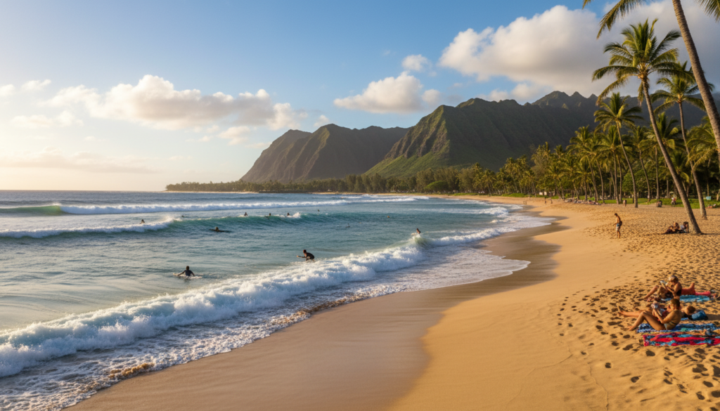 A stunning view of Oahu's North Shore beach, capturing vibrant turquoise waves crashing against golden sandy shores. In the foreground, a handful of surfers in modest swimwear are riding the waves, showcasing their skills against the backdrop of ocean foam. The middle ground features tall, lush palm trees swaying gently in the tropical breeze, intermixed with beachgoers enjoying the sun on colorful beach towels. In the background, majestic volcanic cliffs rise proudly, framed by a bright blue sky dotted with fluffy white clouds. The warm, golden sunlight casts beautiful reflections on the water, evoking a serene and inviting atmosphere. The angle is a wide shot, emphasizing the expansive beach landscape. A stunning view of Oahu's North Shore beach, capturing vibrant turquoise waves crashing against golden sandy shores. In the foreground, a handful of surfers in modest swimwear are riding the waves, showcasing their skills against the backdrop of ocean foam. The middle ground features tall, lush palm trees swaying gently in the tropical breeze, intermixed with beachgoers enjoying the sun on colorful beach towels. In the background, majestic volcanic cliffs rise proudly, framed by a bright blue sky dotted with fluffy white clouds. The warm, golden sunlight casts beautiful reflections on the water, evoking a serene and inviting atmosphere. The angle is a wide shot, emphasizing the expansive beach landscape.
