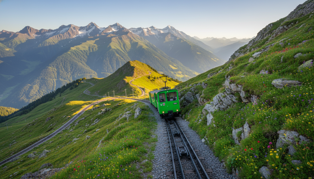 A stunning view of the Pilatus Rack Railway on its steep ascent near Lucerne, Switzerland. In the foreground, the vibrant green cogwheel train is climbing along the tracks, showcasing its unique design. The middle ground features lush Alpine meadows dotted with colorful wildflowers and scattered rocky formations. In the background, towering, majestic mountains rise, their peaks touched with snow under a clear blue sky. Soft, golden sunlight bathes the scene, enhancing the vivid colors and casting gentle shadows. The mood is serene and adventurous, inviting viewers to imagine the thrill of the journey. Capture this picturesque landscape from a slightly elevated angle to emphasize the train's route and the surrounding natural beauty. No humans present, just the train amid stunning scenery. A stunning view of the Pilatus Rack Railway on its steep ascent near Lucerne, Switzerland. In the foreground, the vibrant green cogwheel train is climbing along the tracks, showcasing its unique design. The middle ground features lush Alpine meadows dotted with colorful wildflowers and scattered rocky formations. In the background, towering, majestic mountains rise, their peaks touched with snow under a clear blue sky. Soft, golden sunlight bathes the scene, enhancing the vivid colors and casting gentle shadows. The mood is serene and adventurous, inviting viewers to imagine the thrill of the journey. Capture this picturesque landscape from a slightly elevated angle to emphasize the train's route and the surrounding natural beauty. No humans present, just the train amid stunning scenery.