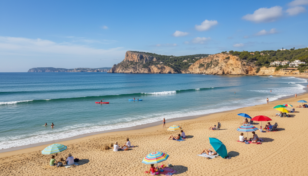A tranquil Costa Blanca beach scene capturing the allure from Jávea to Alicante. In the foreground, smooth golden sand dotted with colorful beach umbrellas and a few families enjoying the sun in modest casual attire. The middle ground features gentle, turquoise waves lapping at the shore, where a couple of kayakers glide peacefully on the water. In the background, rugged cliffs rise dramatically behind the beach, dotted with lush greenery and small Mediterranean-style villas. The sky is a vibrant blue with a few fluffy white clouds, suggesting a warm, sunny day. Soft, diffused sunlight enhances the colors, creating a serene and inviting atmosphere that embodies relaxation and natural beauty. The image is captured from a low angle, emphasizing the beach's expanse and inviting qualities. A tranquil Costa Blanca beach scene capturing the allure from Jávea to Alicante. In the foreground, smooth golden sand dotted with colorful beach umbrellas and a few families enjoying the sun in modest casual attire. The middle ground features gentle, turquoise waves lapping at the shore, where a couple of kayakers glide peacefully on the water. In the background, rugged cliffs rise dramatically behind the beach, dotted with lush greenery and small Mediterranean-style villas. The sky is a vibrant blue with a few fluffy white clouds, suggesting a warm, sunny day. Soft, diffused sunlight enhances the colors, creating a serene and inviting atmosphere that embodies relaxation and natural beauty. The image is captured from a low angle, emphasizing the beach's expanse and inviting qualities.