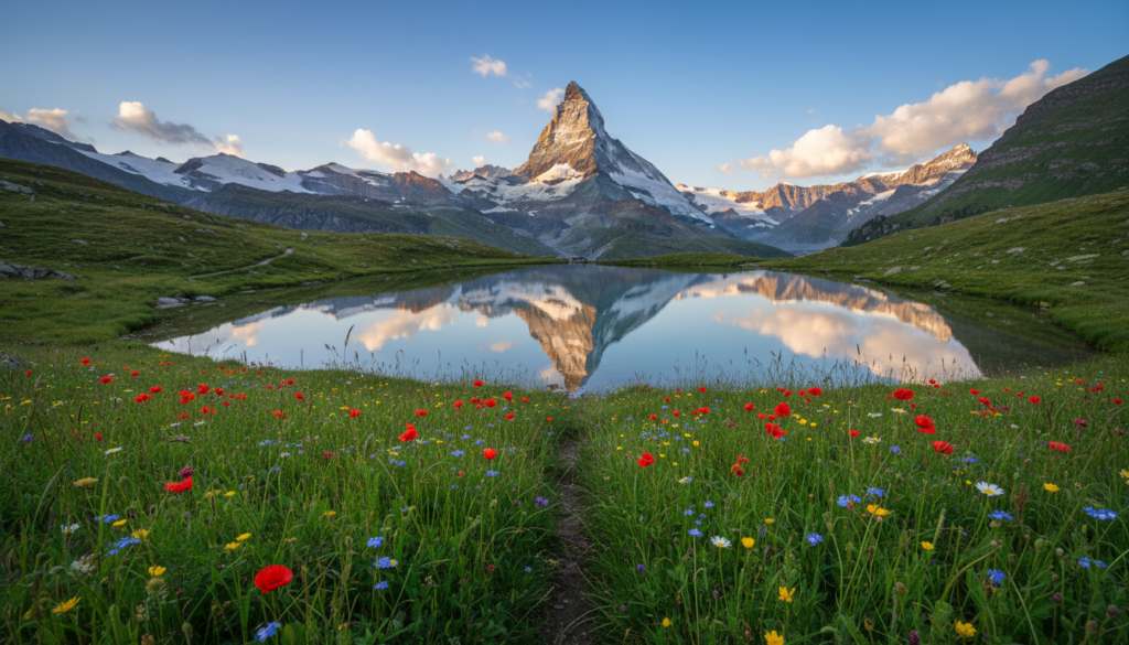 A tranquil summer landscape featuring majestic mountains reflecting in a serene alpine lake. In the foreground, lush green meadows dotted with colorful wildflowers sway gently in the breeze. The middle ground showcases the crystal-clear lake, perfectly mirroring the towering peaks of the Matterhorn in the distance, bathed in golden sunlight. The sky above is a brilliant blue, with soft, fluffy clouds adding depth to the scene. Capture the image from a slightly elevated angle, highlighting the stunning reflections and the vibrant colors of nature. Convey a peaceful and adventurous atmosphere, inviting viewers to imagine themselves exploring this idyllic summer retreat in the Swiss Alps. A tranquil summer landscape featuring majestic mountains reflecting in a serene alpine lake. In the foreground, lush green meadows dotted with colorful wildflowers sway gently in the breeze. The middle ground showcases the crystal-clear lake, perfectly mirroring the towering peaks of the Matterhorn in the distance, bathed in golden sunlight. The sky above is a brilliant blue, with soft, fluffy clouds adding depth to the scene. Capture the image from a slightly elevated angle, highlighting the stunning reflections and the vibrant colors of nature. Convey a peaceful and adventurous atmosphere, inviting viewers to imagine themselves exploring this idyllic summer retreat in the Swiss Alps.