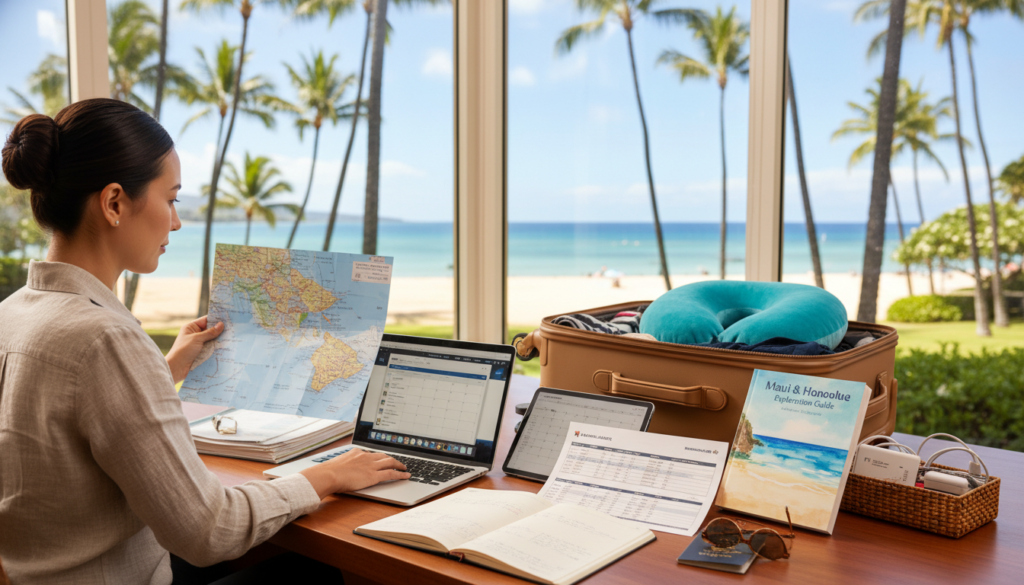 A vibrant and organized travel logistics scene depicting various travel components for a trip to Maui and Honolulu. In the foreground, a professional travel guide is seated at a stylish desk, reviewing maps and itineraries while using a laptop to book flights. The middle ground features a collection of travel essentials, such as a suitcase, a travel pillow, and a Hawaiian-themed guidebook, with an open flight schedule prominently displayed. In the background, a large window shows a picturesque view of palm trees and a bright blue sky, suggesting an island atmosphere. Soft, natural lighting brightens the scene, creating an inviting yet professional mood. Use a wide-angle lens to emphasize the organized layout and a sense of movement, reflecting the excitement of efficient travel planning. A vibrant and organized travel logistics scene depicting various travel components for a trip to Maui and Honolulu. In the foreground, a professional travel guide is seated at a stylish desk, reviewing maps and itineraries while using a laptop to book flights. The middle ground features a collection of travel essentials, such as a suitcase, a travel pillow, and a Hawaiian-themed guidebook, with an open flight schedule prominently displayed. In the background, a large window shows a picturesque view of palm trees and a bright blue sky, suggesting an island atmosphere. Soft, natural lighting brightens the scene, creating an inviting yet professional mood. Use a wide-angle lens to emphasize the organized layout and a sense of movement, reflecting the excitement of efficient travel planning.