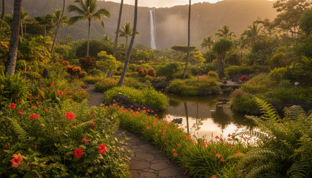 A vibrant botanical garden set in Maui, showcasing a stunning array of tropical plants and lush greenery. In the foreground, vivid hibiscus flowers and delicate ferns create a lush tapestry, while a meandering stone path invites exploration. In the middle ground, native palm trees sway gently, casting dappled shadows on the path. A small, serene pond reflects colorful flora, enhancing the tranquility of the scene. In the background, the silhouette of a hidden waterfall cascades down rocky cliffs, shrouded in mist, adding an element of mystique. The lighting is warm and golden, suggesting early morning or late afternoon, perfect for capturing the rich colors and textures. The overall atmosphere is peaceful and inviting, ideal for nature lovers seeking hidden gems. A vibrant botanical garden set in Maui, showcasing a stunning array of tropical plants and lush greenery. In the foreground, vivid hibiscus flowers and delicate ferns create a lush tapestry, while a meandering stone path invites exploration. In the middle ground, native palm trees sway gently, casting dappled shadows on the path. A small, serene pond reflects colorful flora, enhancing the tranquility of the scene. In the background, the silhouette of a hidden waterfall cascades down rocky cliffs, shrouded in mist, adding an element of mystique. The lighting is warm and golden, suggesting early morning or late afternoon, perfect for capturing the rich colors and textures. The overall atmosphere is peaceful and inviting, ideal for nature lovers seeking hidden gems.