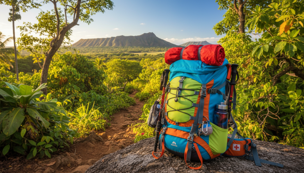 A vibrant hiking daypack, filled with essential gear, rests on a rocky surface surrounded by lush green rainforest under a clear blue sky. The foreground showcases the detailed texture of the daypack, which features multiple compartments, mesh pockets, and adjustable straps. In the middle ground, tropical foliage and a winding trail lead into the distance, hinting at the adventure ahead. The background reveals the iconic silhouette of Diamond Head crater and distant volcanic hills, bathed in warm sunlight. The mood conveys excitement and anticipation for outdoor exploration, inviting viewers to immerse themselves in the natural beauty of Hawaii. The scene is captured with a wide-angle lens to emphasize the grandeur of the landscape, ensuring bright, natural lighting highlights the rich colors of the foliage and the pack. A vibrant hiking daypack, filled with essential gear, rests on a rocky surface surrounded by lush green rainforest under a clear blue sky. The foreground showcases the detailed texture of the daypack, which features multiple compartments, mesh pockets, and adjustable straps. In the middle ground, tropical foliage and a winding trail lead into the distance, hinting at the adventure ahead. The background reveals the iconic silhouette of Diamond Head crater and distant volcanic hills, bathed in warm sunlight. The mood conveys excitement and anticipation for outdoor exploration, inviting viewers to immerse themselves in the natural beauty of Hawaii. The scene is captured with a wide-angle lens to emphasize the grandeur of the landscape, ensuring bright, natural lighting highlights the rich colors of the foliage and the pack.
