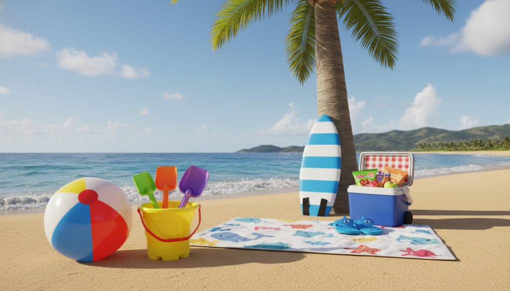 A vibrant kids beach kit spread out on a sandy beach. In the foreground, a colorful beach ball, a bright yellow bucket, and a set of shovels in various sizes, all positioned prominently. In the middle ground, a cheerful beach towel with fun patterns, a pair of flip-flops, a surfboard propped up against a palm tree, and a small ice cooler filled with snacks. The background features a clear blue sky with a few fluffy clouds, gentle ocean waves lapping at the shore, and distant green hills. The scene is well-lit with warm sunlight, creating a happy and inviting atmosphere. The angle is slightly elevated, capturing the essence of a joyful family day at the beach. No human figures are present, ensuring the focus stays on the beach kit essentials. A vibrant kids beach kit spread out on a sandy beach. In the foreground, a colorful beach ball, a bright yellow bucket, and a set of shovels in various sizes, all positioned prominently. In the middle ground, a cheerful beach towel with fun patterns, a pair of flip-flops, a surfboard propped up against a palm tree, and a small ice cooler filled with snacks. The background features a clear blue sky with a few fluffy clouds, gentle ocean waves lapping at the shore, and distant green hills. The scene is well-lit with warm sunlight, creating a happy and inviting atmosphere. The angle is slightly elevated, capturing the essence of a joyful family day at the beach. No human figures are present, ensuring the focus stays on the beach kit essentials.