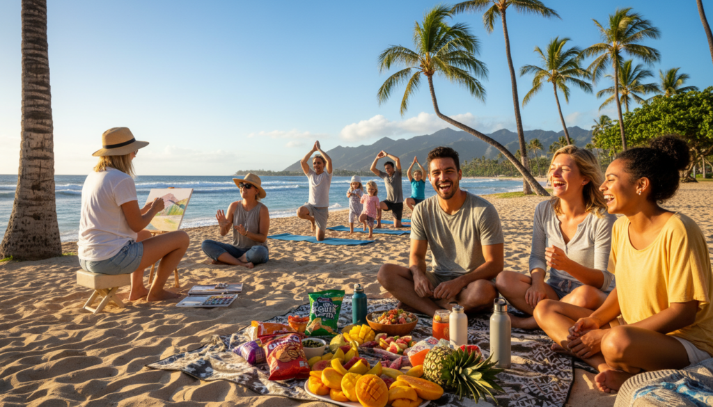 A vibrant scene capturing budget-friendly activities in Honolulu and Maui. In the foreground, a diverse group of friends enjoys a picnic on the beach, surrounded by colorful, inexpensive snacks and tropical fruit. In the middle ground, an artist paints a stunning landscape while a family participates in a free beach yoga session under the gentle sun. The background features iconic Hawaiian palm trees swaying against a clear blue sky and distant mountains, hinting at adventure. The warm afternoon sunlight casts a golden hue, creating a cheerful and inviting atmosphere. Focused using a wide-angle lens to capture the lively interaction and scenic beauty, the image reflects the joy of affordable travel experiences in Hawaii without any text or distractions. A vibrant scene capturing budget-friendly activities in Honolulu and Maui. In the foreground, a diverse group of friends enjoys a picnic on the beach, surrounded by colorful, inexpensive snacks and tropical fruit. In the middle ground, an artist paints a stunning landscape while a family participates in a free beach yoga session under the gentle sun. The background features iconic Hawaiian palm trees swaying against a clear blue sky and distant mountains, hinting at adventure. The warm afternoon sunlight casts a golden hue, creating a cheerful and inviting atmosphere. Focused using a wide-angle lens to capture the lively interaction and scenic beauty, the image reflects the joy of affordable travel experiences in Hawaii without any text or distractions.
