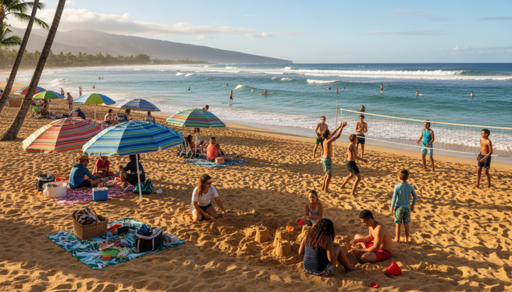 A vibrant scene depicting a lively beach day in Maui, featuring a variety of beach activities. In the foreground, a diverse group of adults and children, dressed in modest beach attire, are engaging in sandcastle building and playing beach volleyball. In the middle ground, colorful beach umbrellas dot the sand, while a family enjoys a picnic with a cooler and beach towels spread out. In the background, gentle waves lap against the shore, with surfers catching waves and paddleboarders gliding across the azure ocean. The lighting is warm and sunny, casting soft shadows and giving the image a cheerful, inviting atmosphere. The angle is slightly elevated, capturing the expansiveness of the beach and the beauty of the surrounding palm trees and distant mountains. A vibrant scene depicting a lively beach day in Maui, featuring a variety of beach activities. In the foreground, a diverse group of adults and children, dressed in modest beach attire, are engaging in sandcastle building and playing beach volleyball. In the middle ground, colorful beach umbrellas dot the sand, while a family enjoys a picnic with a cooler and beach towels spread out. In the background, gentle waves lap against the shore, with surfers catching waves and paddleboarders gliding across the azure ocean. The lighting is warm and sunny, casting soft shadows and giving the image a cheerful, inviting atmosphere. The angle is slightly elevated, capturing the expansiveness of the beach and the beauty of the surrounding palm trees and distant mountains.