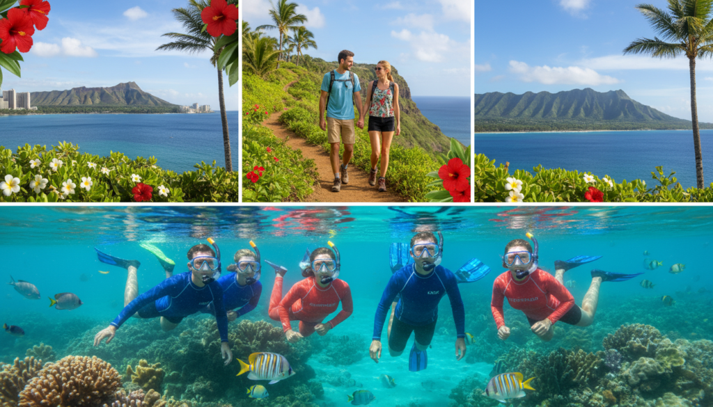 A vibrant scene depicting a variety of activities to enjoy in Honolulu and Maui, showcasing a foreground of individuals engaged in a snorkeling adventure, wearing modest swimwear and protective gear. In the middle ground, a couple enjoys a picturesque hike along a lush, green coastal trail, dressed in casual, breathable clothing. Tropical flowers and native plants frame the scene. In the background, iconic Hawaiian landscapes with a clear blue sky and distant mountain ranges create a sense of tranquility. Bright, natural sunlight illuminates the scene, casting soft shadows, while a slight breeze adds movement to the leaves. The atmosphere is joyful and adventurous, inviting viewers to immerse themselves in the Hawaiian experience. A vibrant scene depicting a variety of activities to enjoy in Honolulu and Maui, showcasing a foreground of individuals engaged in a snorkeling adventure, wearing modest swimwear and protective gear. In the middle ground, a couple enjoys a picturesque hike along a lush, green coastal trail, dressed in casual, breathable clothing. Tropical flowers and native plants frame the scene. In the background, iconic Hawaiian landscapes with a clear blue sky and distant mountain ranges create a sense of tranquility. Bright, natural sunlight illuminates the scene, casting soft shadows, while a slight breeze adds movement to the leaves. The atmosphere is joyful and adventurous, inviting viewers to immerse themselves in the Hawaiian experience.