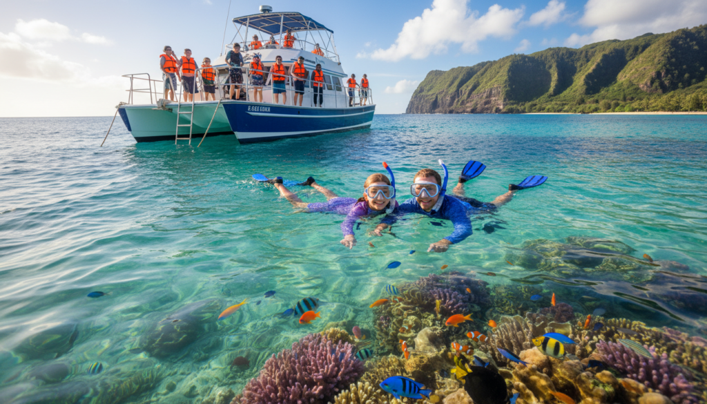 A vibrant scene showcasing a family enjoying a snorkeling tour in the crystal-clear waters of Maui. In the foreground, a father and daughter, both wearing modest swim gear and snorkeling masks, are excitedly pointing towards colorful coral reefs teeming with tropical fish. In the middle ground, a diverse group of tourists is gathered on a sturdy boat, equipped with safety vests, as they prepare for their ocean adventure. The background features a breathtaking view of Maui's lush coastline under a bright blue sky dotted with fluffy white clouds. The scene is bathed in warm, golden sunlight, highlighting the sparkling sea and creating a cheerful, adventurous atmosphere that invites exploration. The angle is slightly elevated to capture both the excitement of the tour and the stunning natural beauty surrounding them. A vibrant scene showcasing a family enjoying a snorkeling tour in the crystal-clear waters of Maui. In the foreground, a father and daughter, both wearing modest swim gear and snorkeling masks, are excitedly pointing towards colorful coral reefs teeming with tropical fish. In the middle ground, a diverse group of tourists is gathered on a sturdy boat, equipped with safety vests, as they prepare for their ocean adventure. The background features a breathtaking view of Maui's lush coastline under a bright blue sky dotted with fluffy white clouds. The scene is bathed in warm, golden sunlight, highlighting the sparkling sea and creating a cheerful, adventurous atmosphere that invites exploration. The angle is slightly elevated to capture both the excitement of the tour and the stunning natural beauty surrounding them.
