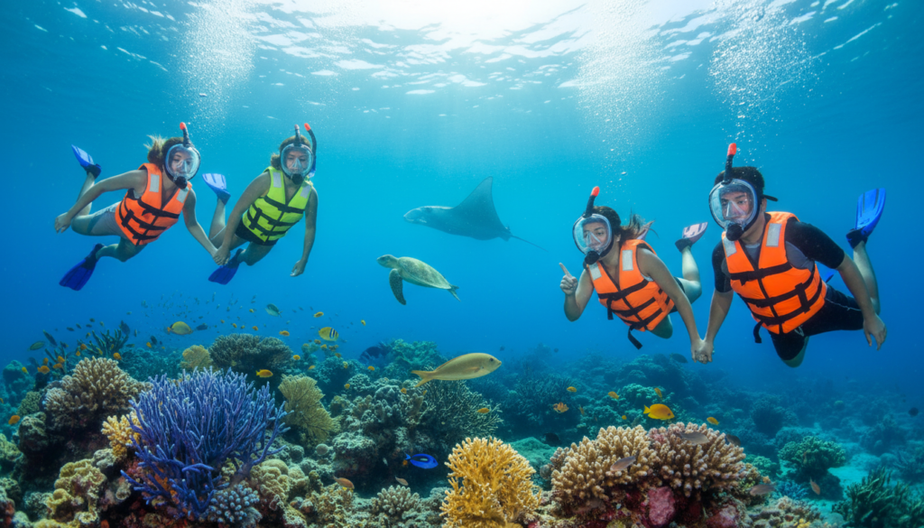 A vibrant underwater scene depicting snorkeling safety in the Pacific Ocean. In the foreground, a diverse group of individuals, dressed in modest snorkeling gear with bright life vests, are practicing safety measures like checking equipment and buddy systems. The middle ground features colorful coral reefs teeming with marine life, including tropical fish and sea turtles, emphasizing the beauty of the underwater ecosystem. In the background, soft light filters through the water, creating a serene and inviting atmosphere. The angle captures both the snorkelers and the stunning underwater landscape, suggesting a sense of adventure and tranquility, while conveying the importance of safety in an engaging, informative manner. The overall mood is one of excitement and caution, highlighting the beauty and safety of snorkeling experiences. A vibrant underwater scene depicting snorkeling safety in the Pacific Ocean. In the foreground, a diverse group of individuals, dressed in modest snorkeling gear with bright life vests, are practicing safety measures like checking equipment and buddy systems. The middle ground features colorful coral reefs teeming with marine life, including tropical fish and sea turtles, emphasizing the beauty of the underwater ecosystem. In the background, soft light filters through the water, creating a serene and inviting atmosphere. The angle captures both the snorkelers and the stunning underwater landscape, suggesting a sense of adventure and tranquility, while conveying the importance of safety in an engaging, informative manner. The overall mood is one of excitement and caution, highlighting the beauty and safety of snorkeling experiences.