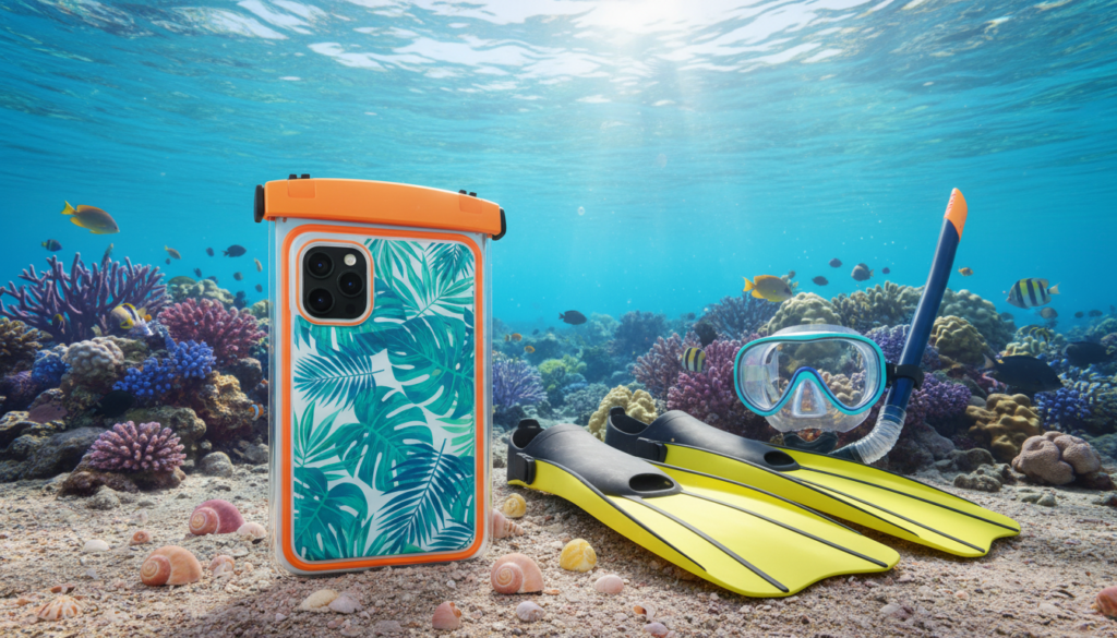 A vibrant underwater scene showcasing a snorkeling gear camera phone case designed for aquatic adventures. In the foreground, the camera phone case is prominently displayed, featuring bright colors and waterproof materials, adorned with tropical patterns. The middle ground captures a variety of snorkeling gear, such as a snorkeling mask and fins, resting on a sandy beach, surrounded by small, colorful seashells. In the background, the clear blue ocean shimmers under the warm Hawaiian sun, with hints of vibrant coral reefs visible beneath the water's surface. Soft sunlight filters through the waves, creating a serene and inviting atmosphere, perfect for water activities. The angle is slightly tilted to enhance depth, emphasizing the beauty and excitement of snorkeling in Maui and Oʻahu. A vibrant underwater scene showcasing a snorkeling gear camera phone case designed for aquatic adventures. In the foreground, the camera phone case is prominently displayed, featuring bright colors and waterproof materials, adorned with tropical patterns. The middle ground captures a variety of snorkeling gear, such as a snorkeling mask and fins, resting on a sandy beach, surrounded by small, colorful seashells. In the background, the clear blue ocean shimmers under the warm Hawaiian sun, with hints of vibrant coral reefs visible beneath the water's surface. Soft sunlight filters through the waves, creating a serene and inviting atmosphere, perfect for water activities. The angle is slightly tilted to enhance depth, emphasizing the beauty and excitement of snorkeling in Maui and Oʻahu.
